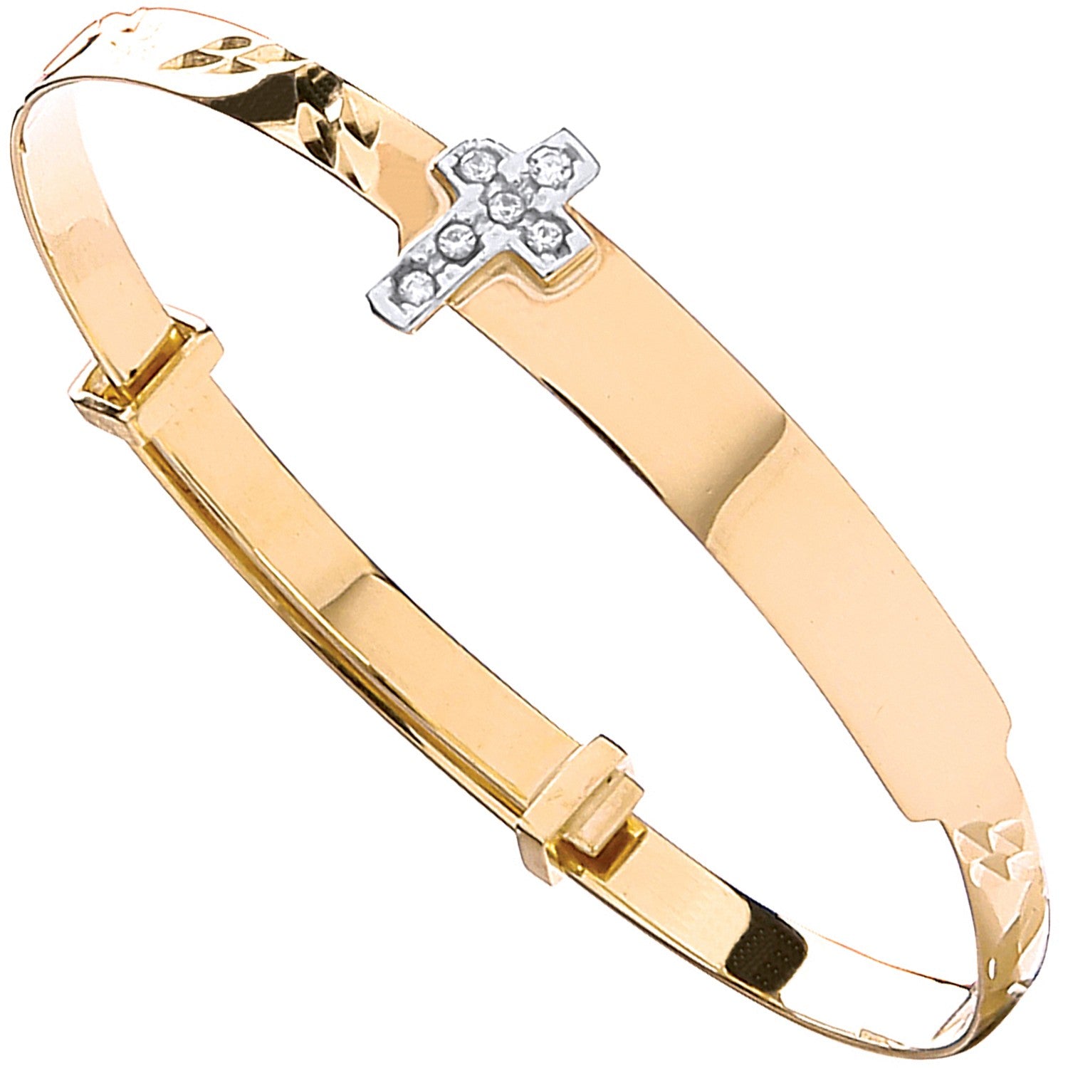 Yellow Gold Diamond Cut Expandable Baby Bangle Cubic Zirconia Cross