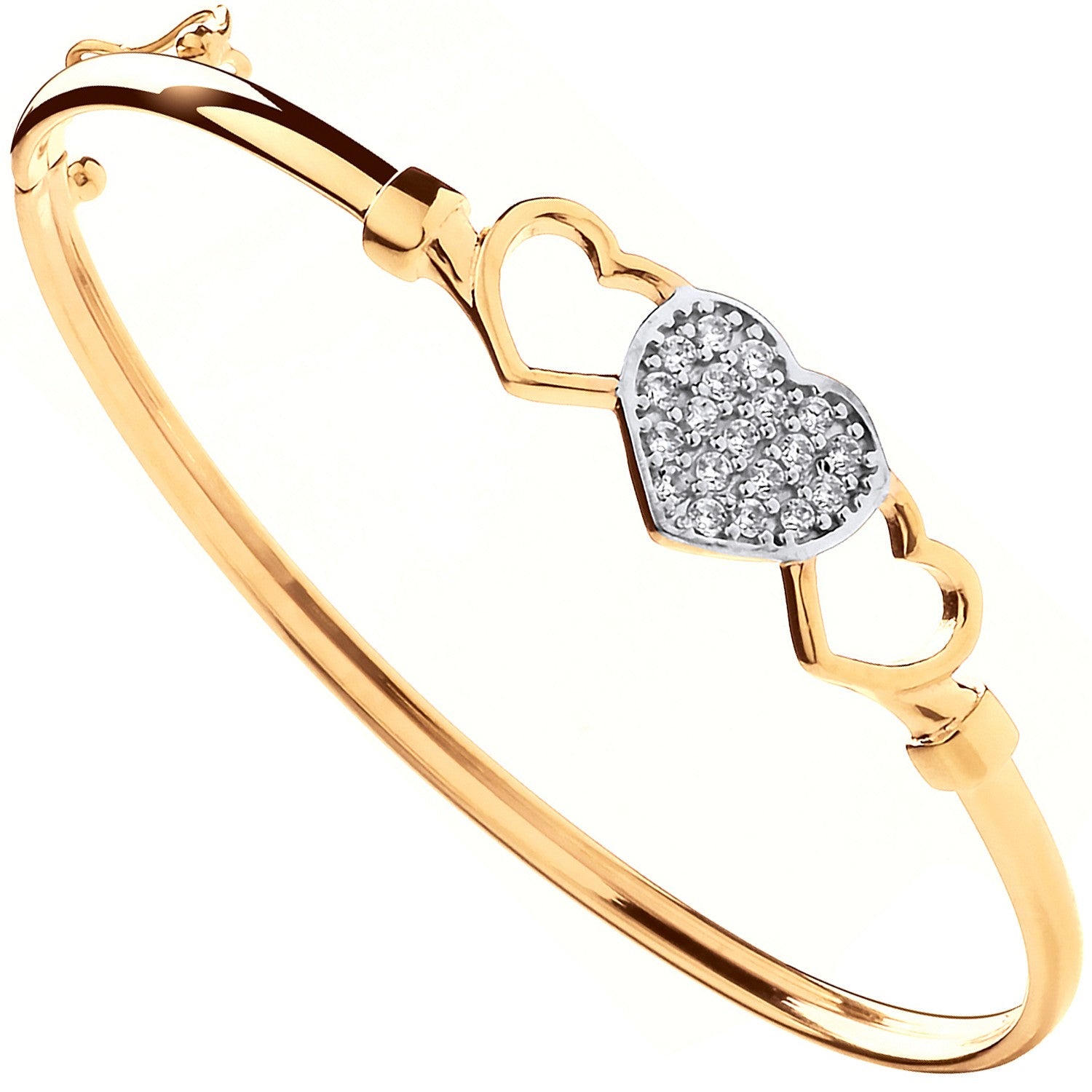 Yellow Gold Hollow Three Hearts, Cubic Zirconia Baby Bangle