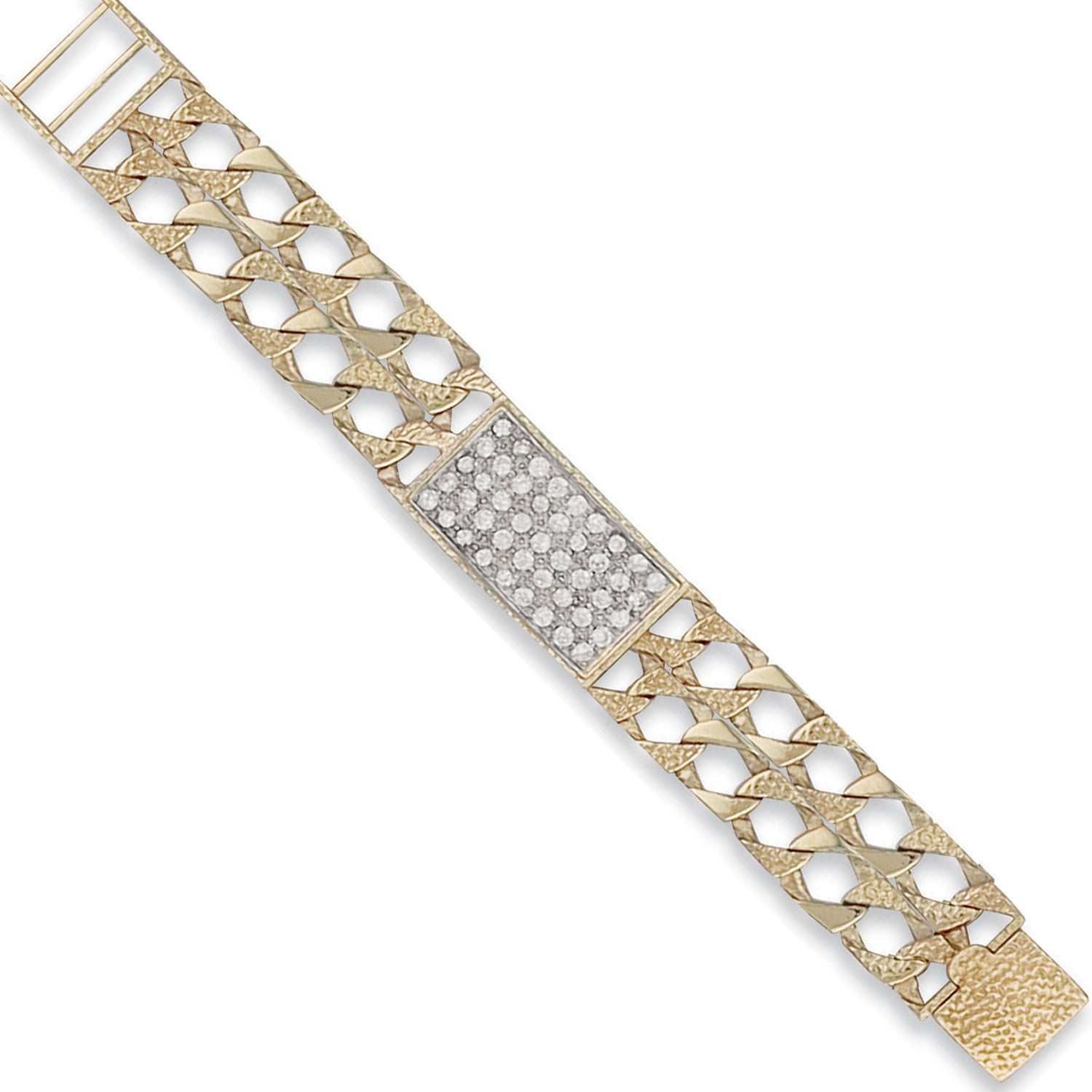 Yellow Gold Plain & Bark Casted Curb Baby Cubic Zirconia ID Bracelet