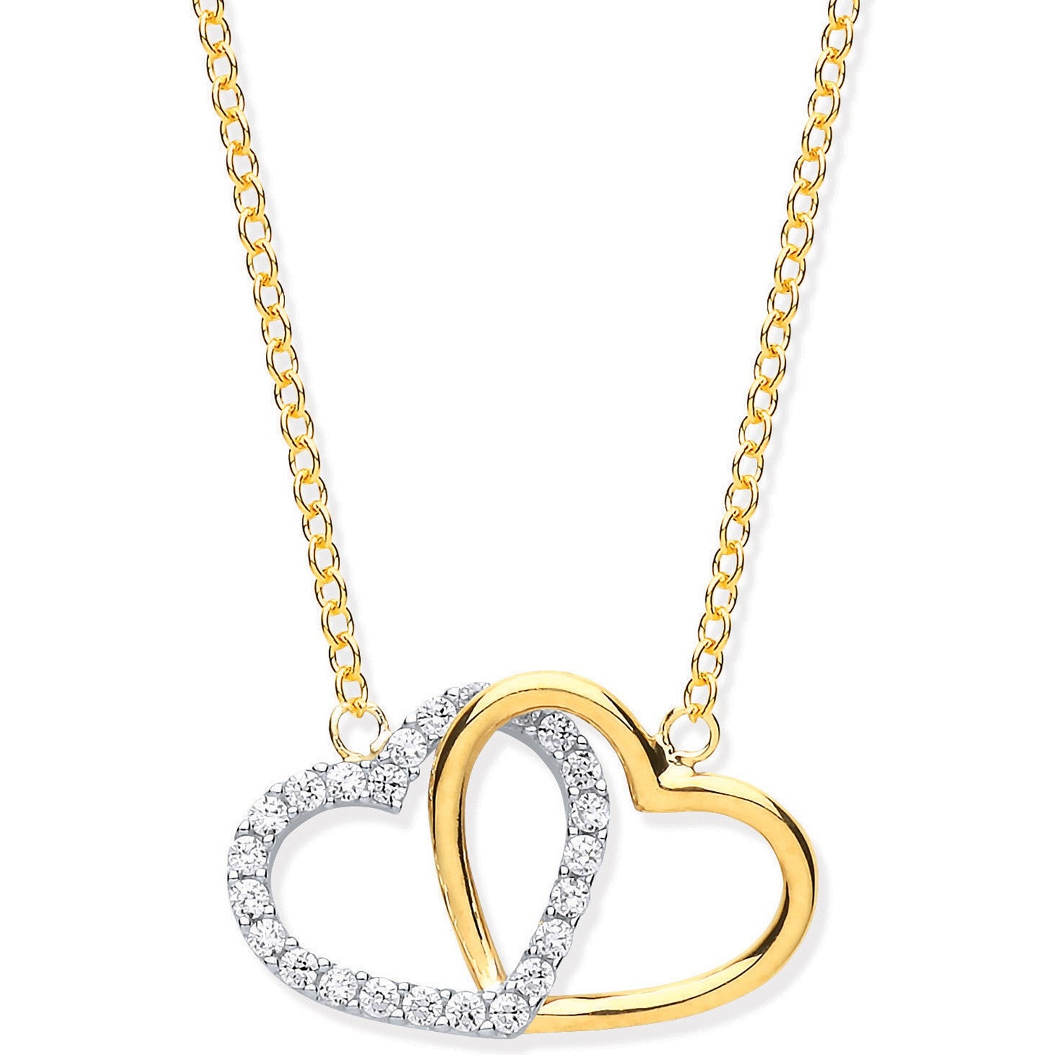 Y & White Gold Plain and CZ Joined Hearts Pendant on 18" Chain