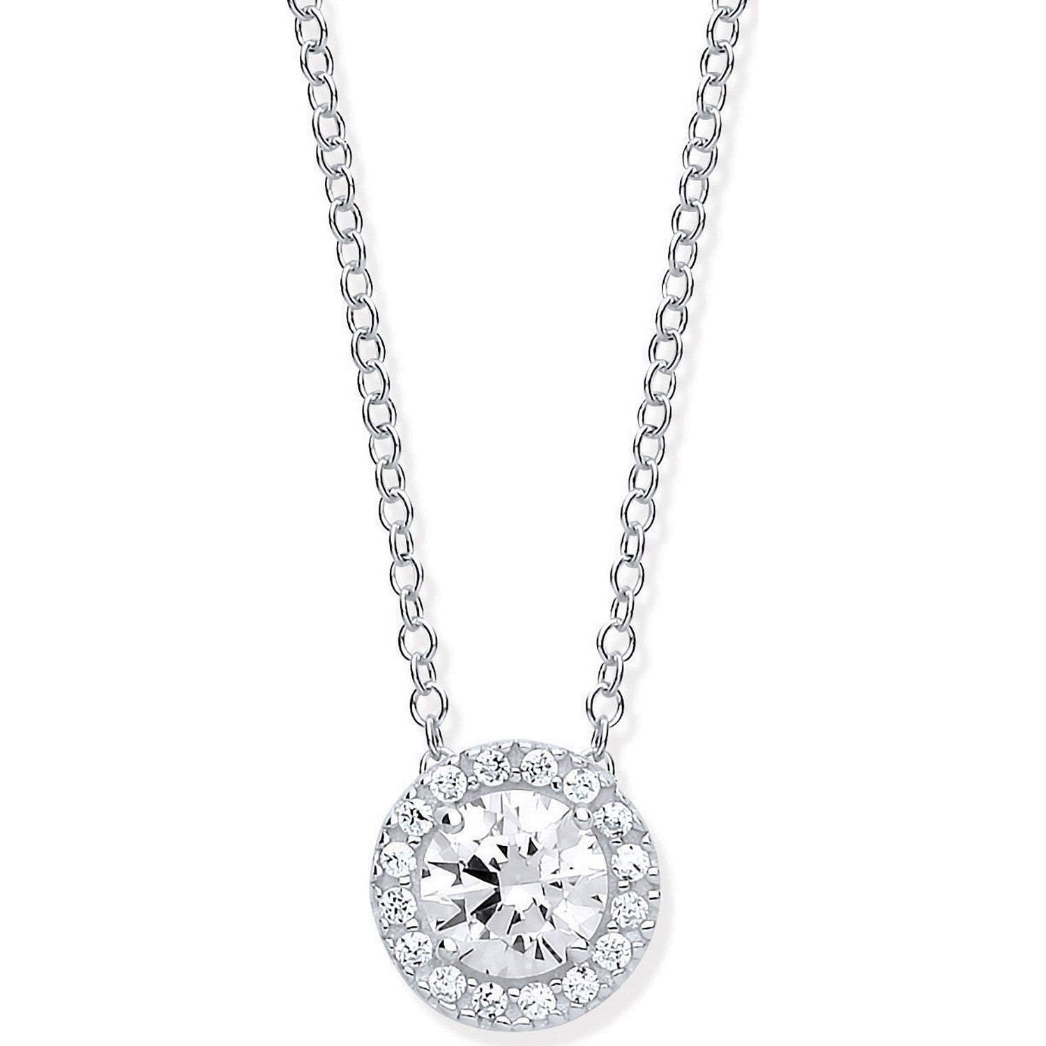 White Gold Round Cubic Zirconia Pendant on 18" Chain