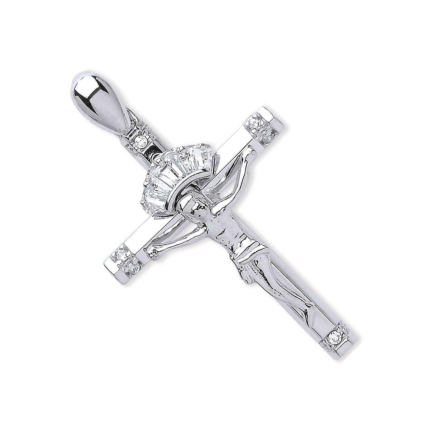 White Gold Cubic Zirconia Baguettes & Round Crucifix