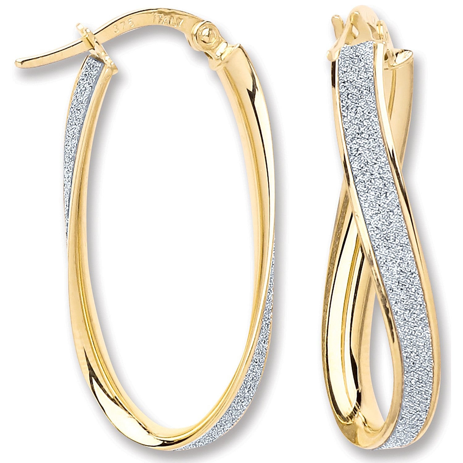 Yellow Gold Glitter Oval Twist Hoop Earrings