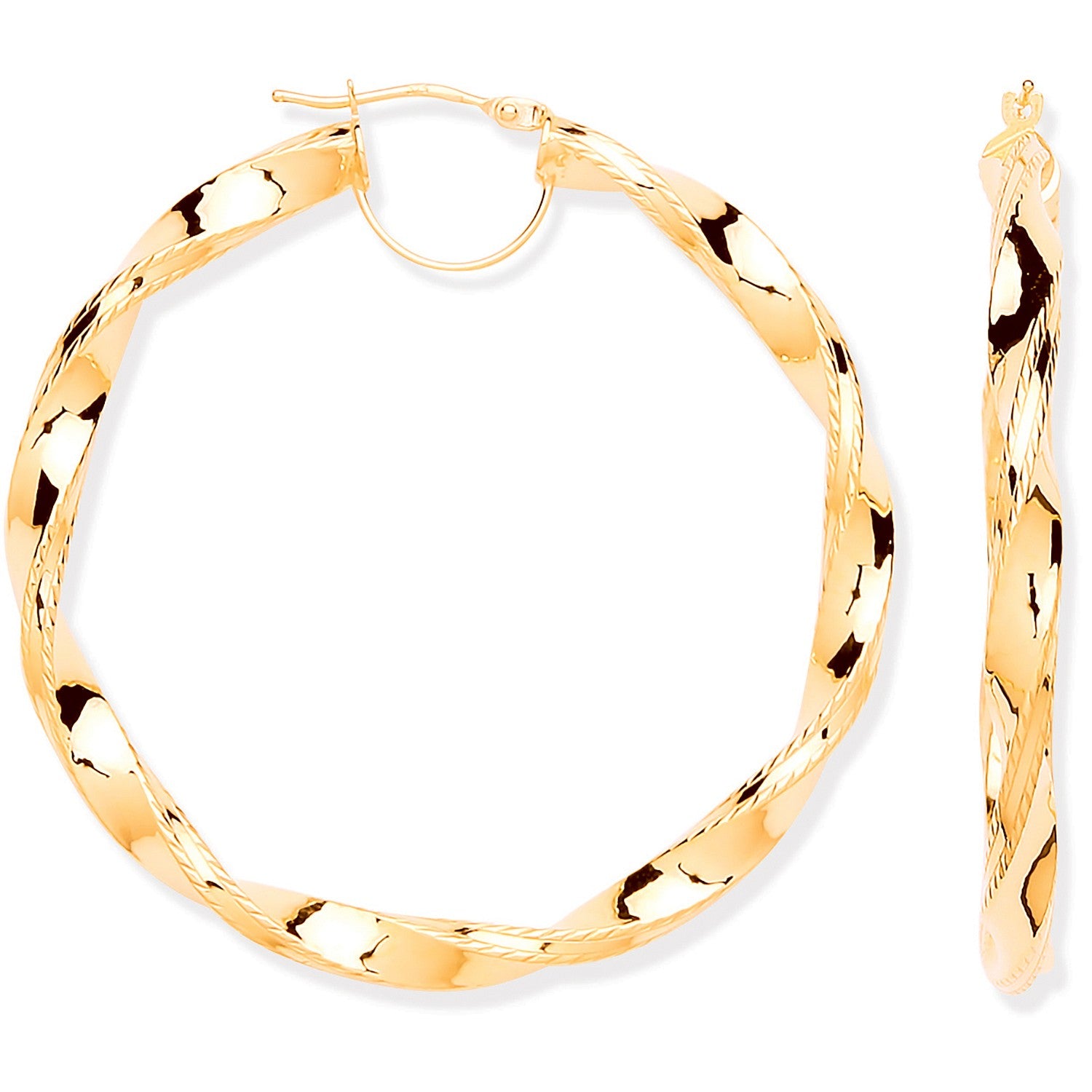 Yellow Gold 47mm Twist Hoop Ribbed Edge Earrings