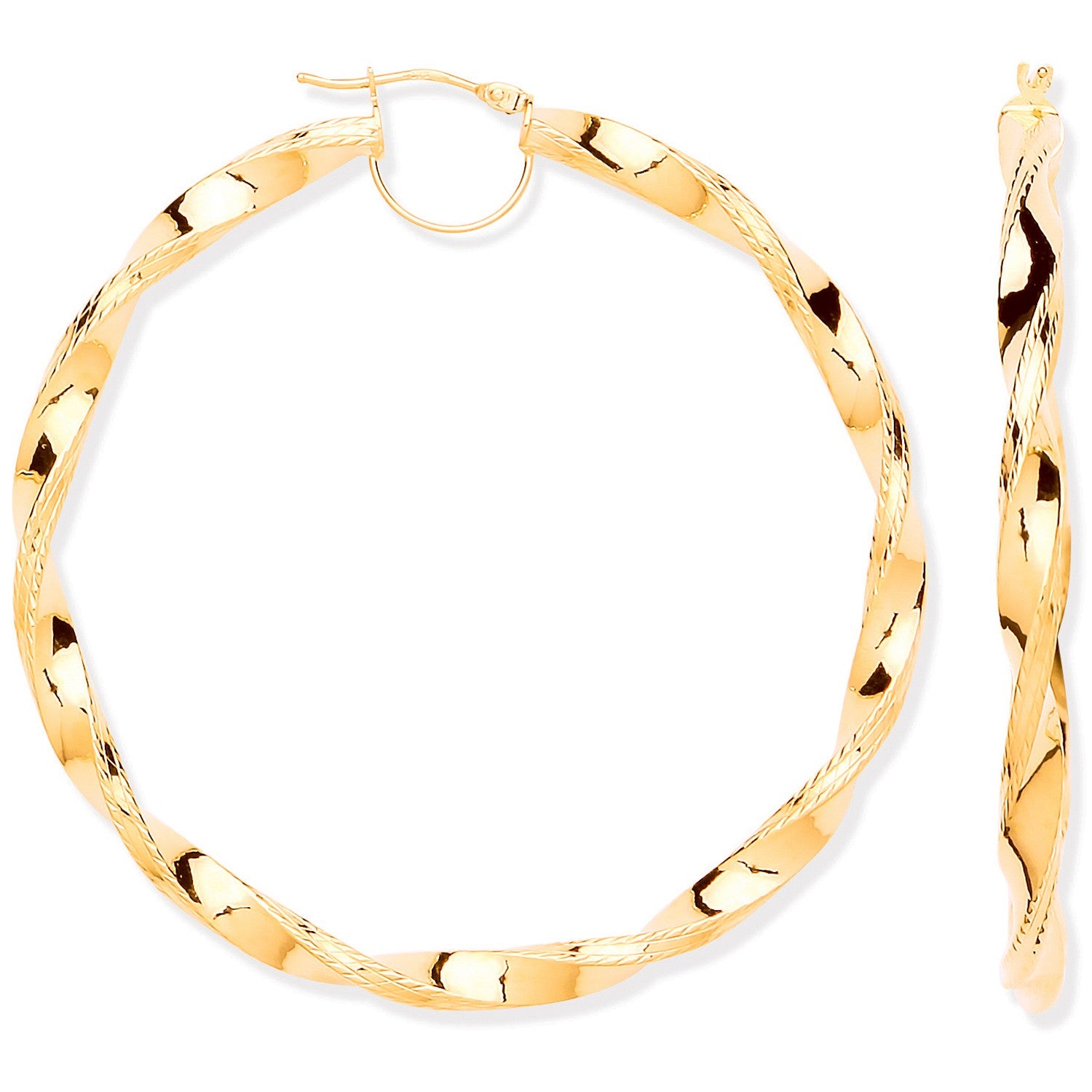 Yellow Gold 58mm Twist Hoop Ribbed Edge Earrings