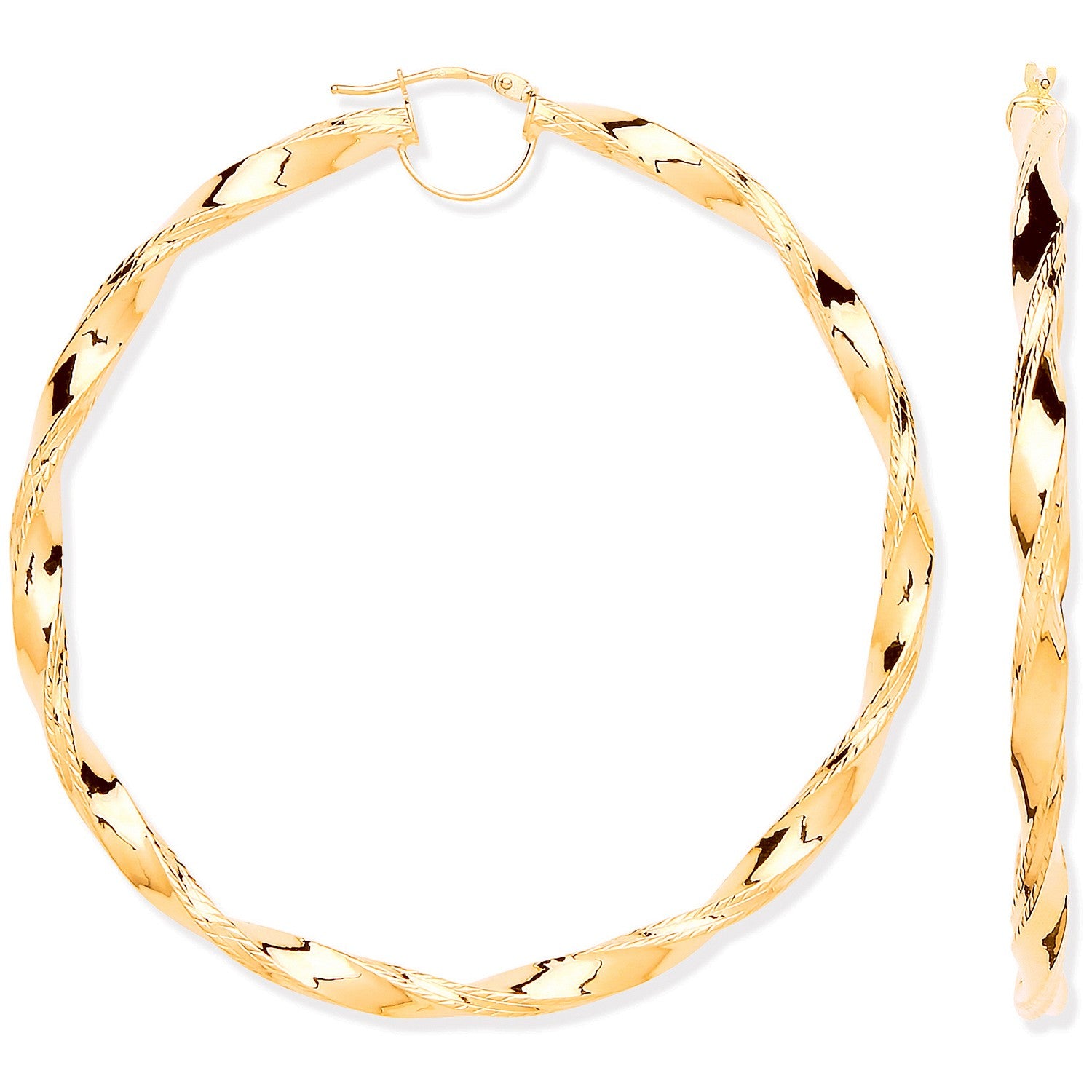 Yellow Gold 65mm Twist Hoop Ribbed Edge Earrings