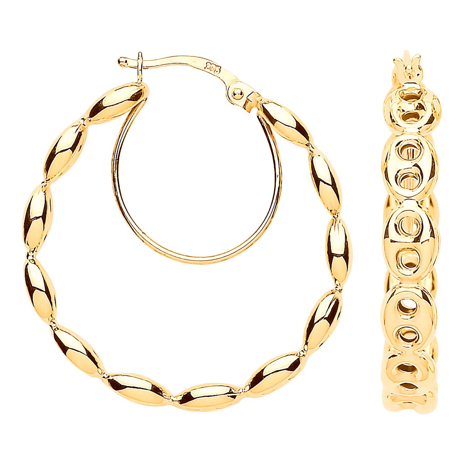 Yellow Gold Coffee Bean 25mm Hoop Earrings