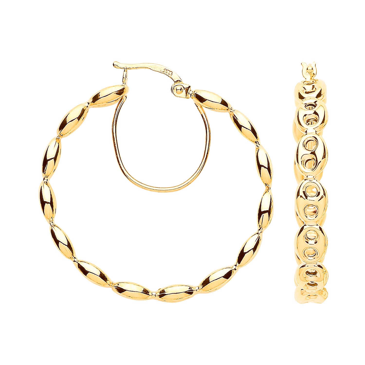 Yellow Gold Coffee Bean 30mm Hoop Earrings