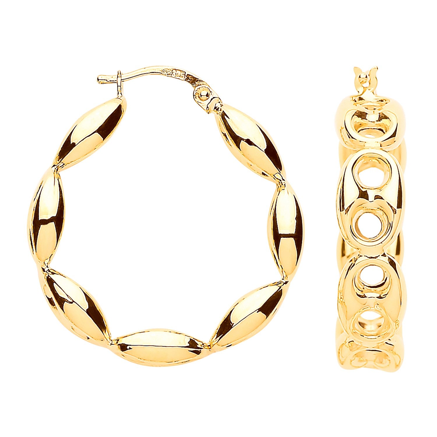 Yellow Gold Wider Coffee Bean 30mm Hoop Earrings