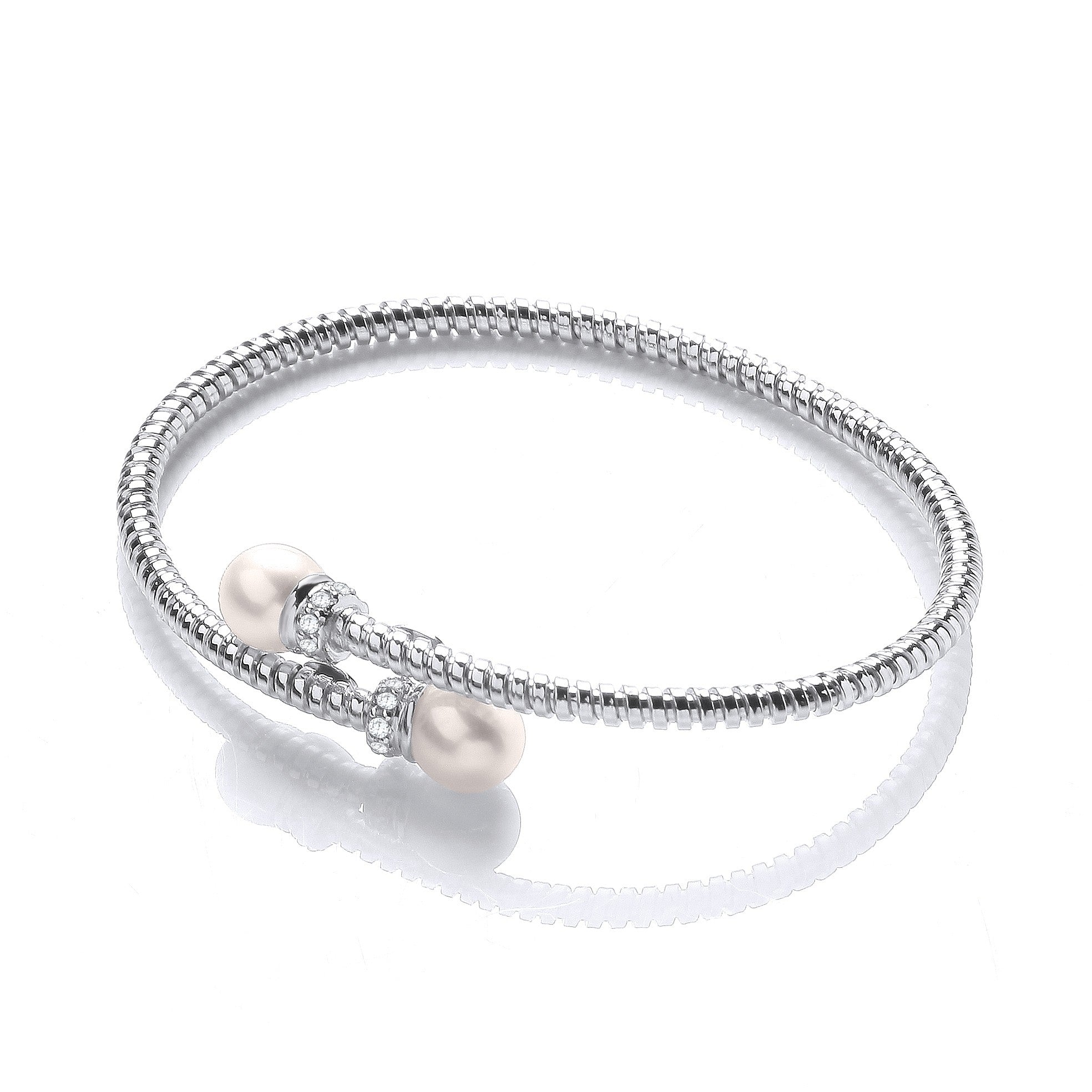 Cross Over Wire Bangle with Fresh Water Pearls and Cubic Zirconia's