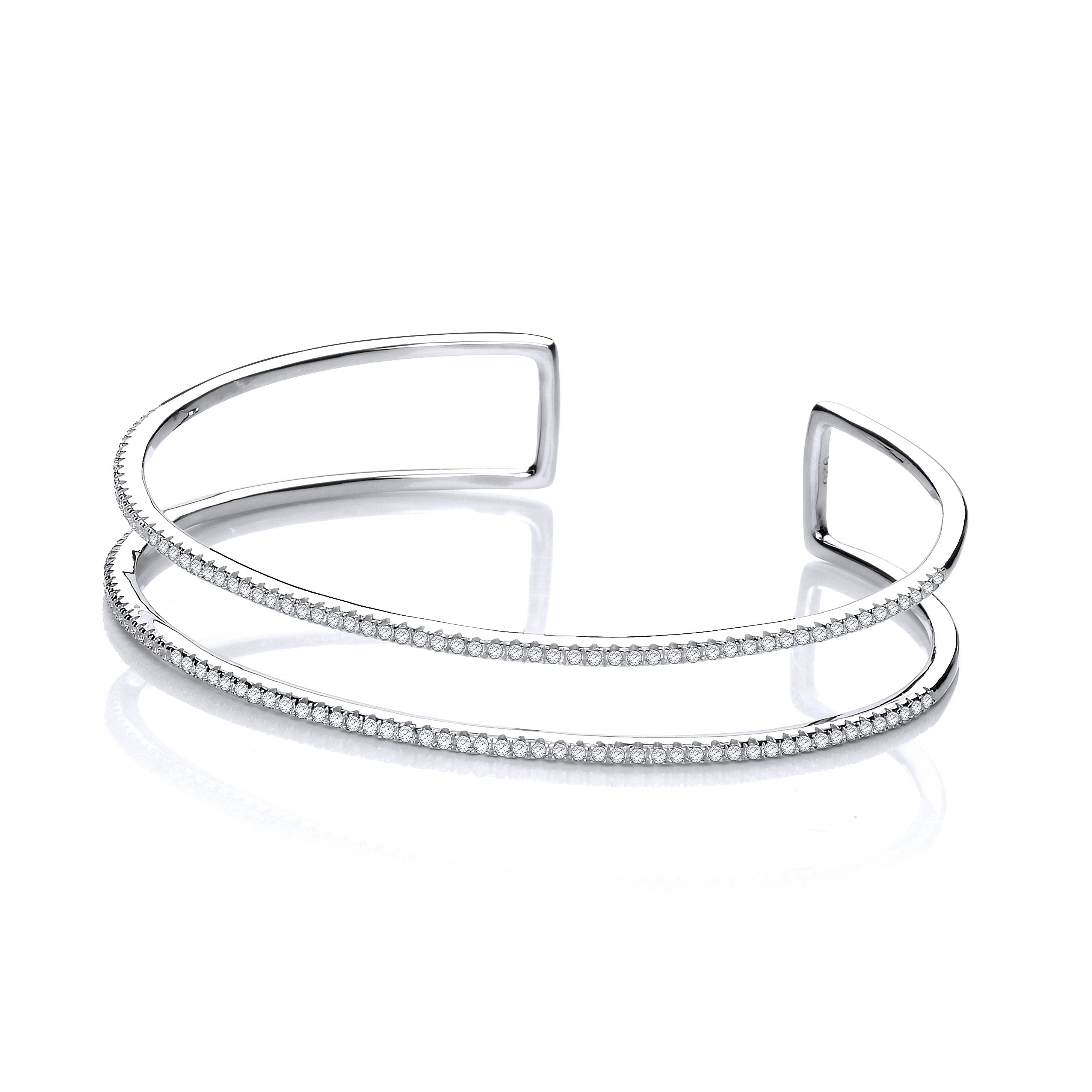 Micro Pave' Two Row Cubic Zirconia Cuff Silver Bangle