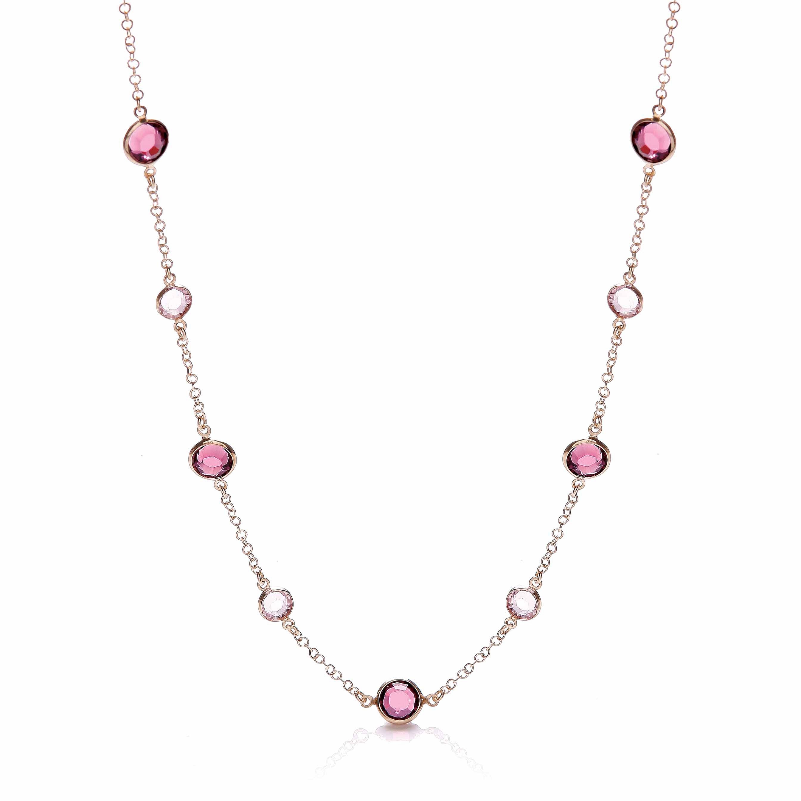 Purple, Pink Stones, Silver Rose Coated Necklace