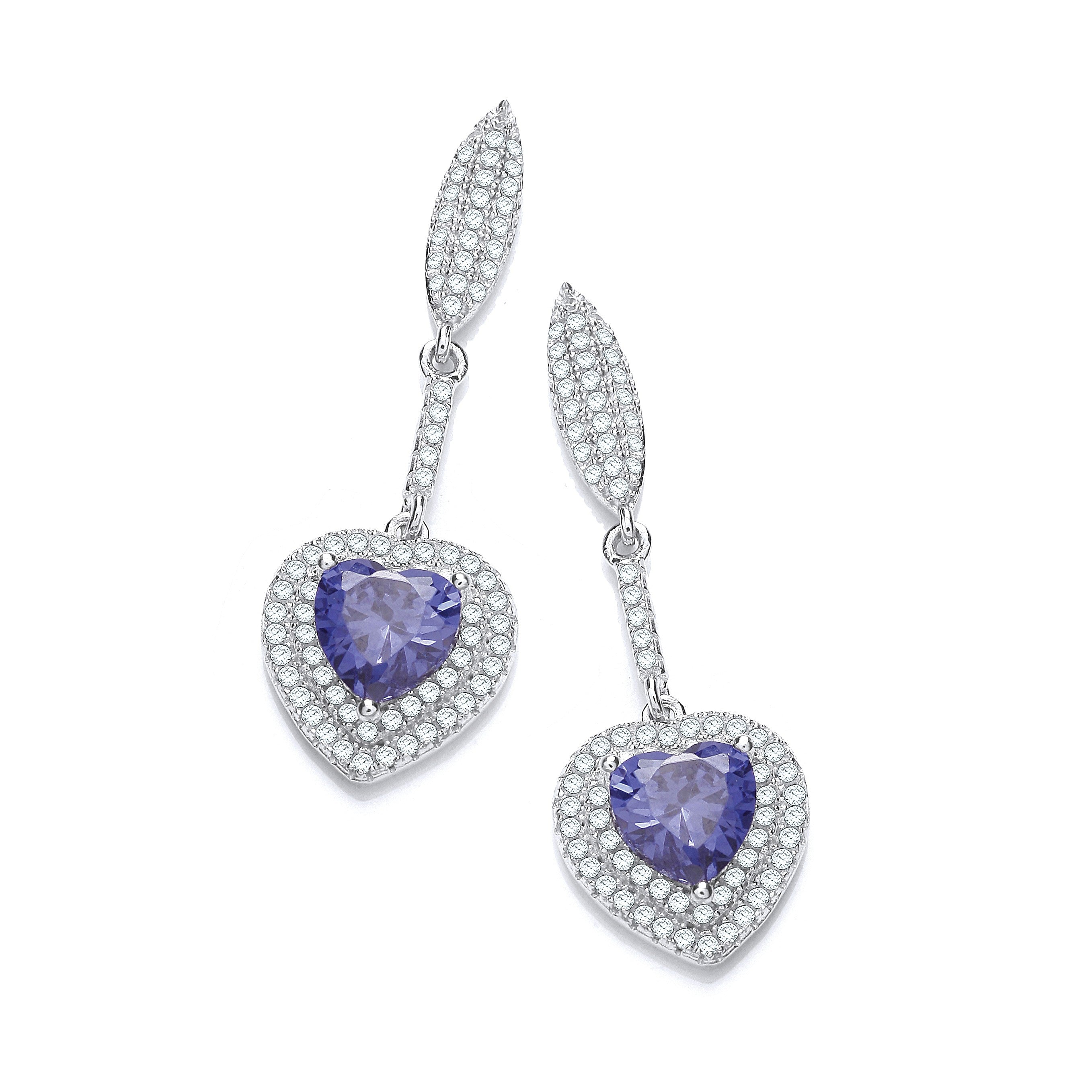 Micro Pave' Blue Heart Drop Cubic Zirconia Earrings