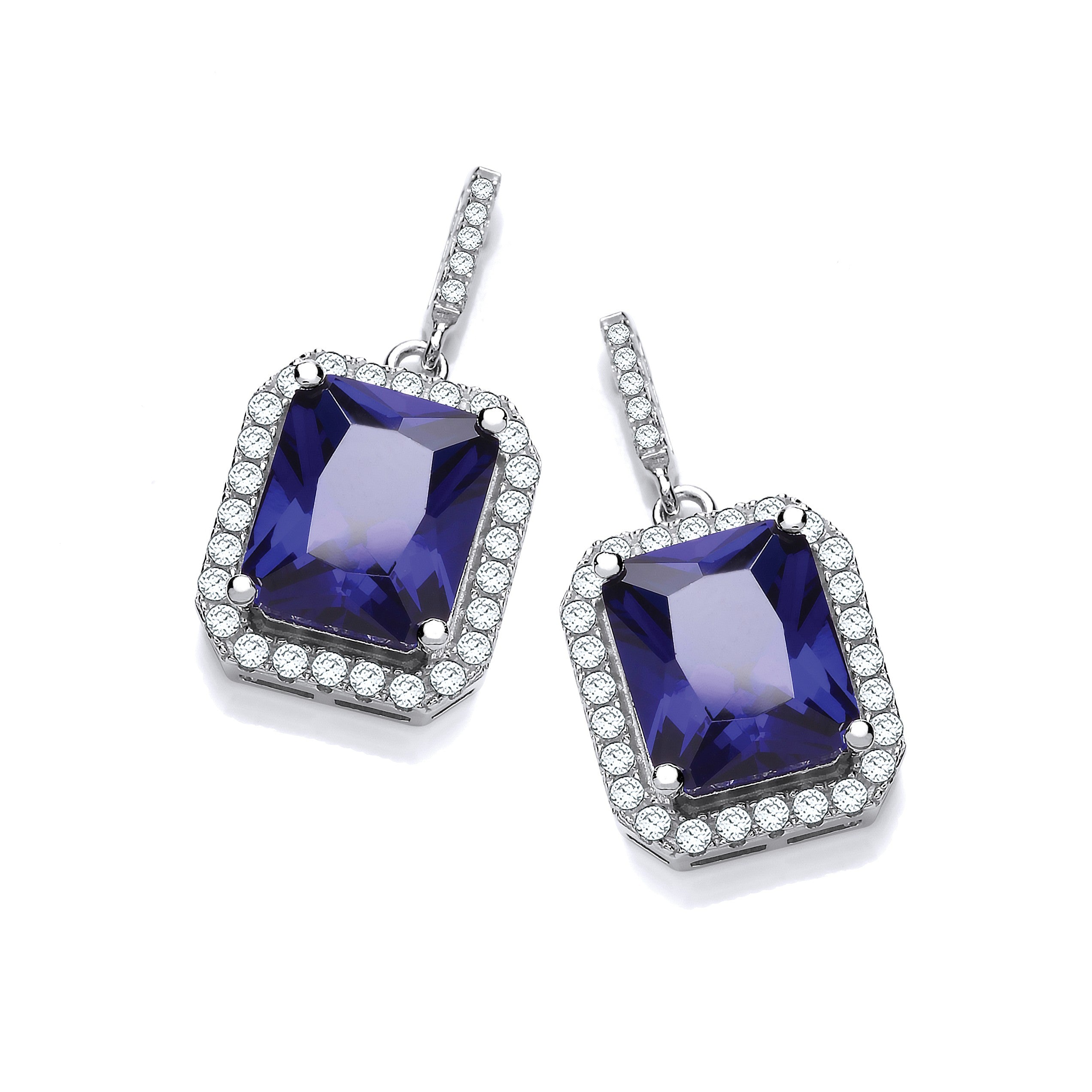 Micro Pave Emerald Cut Sappire Blue Cubic Zirconia Drop Earrings