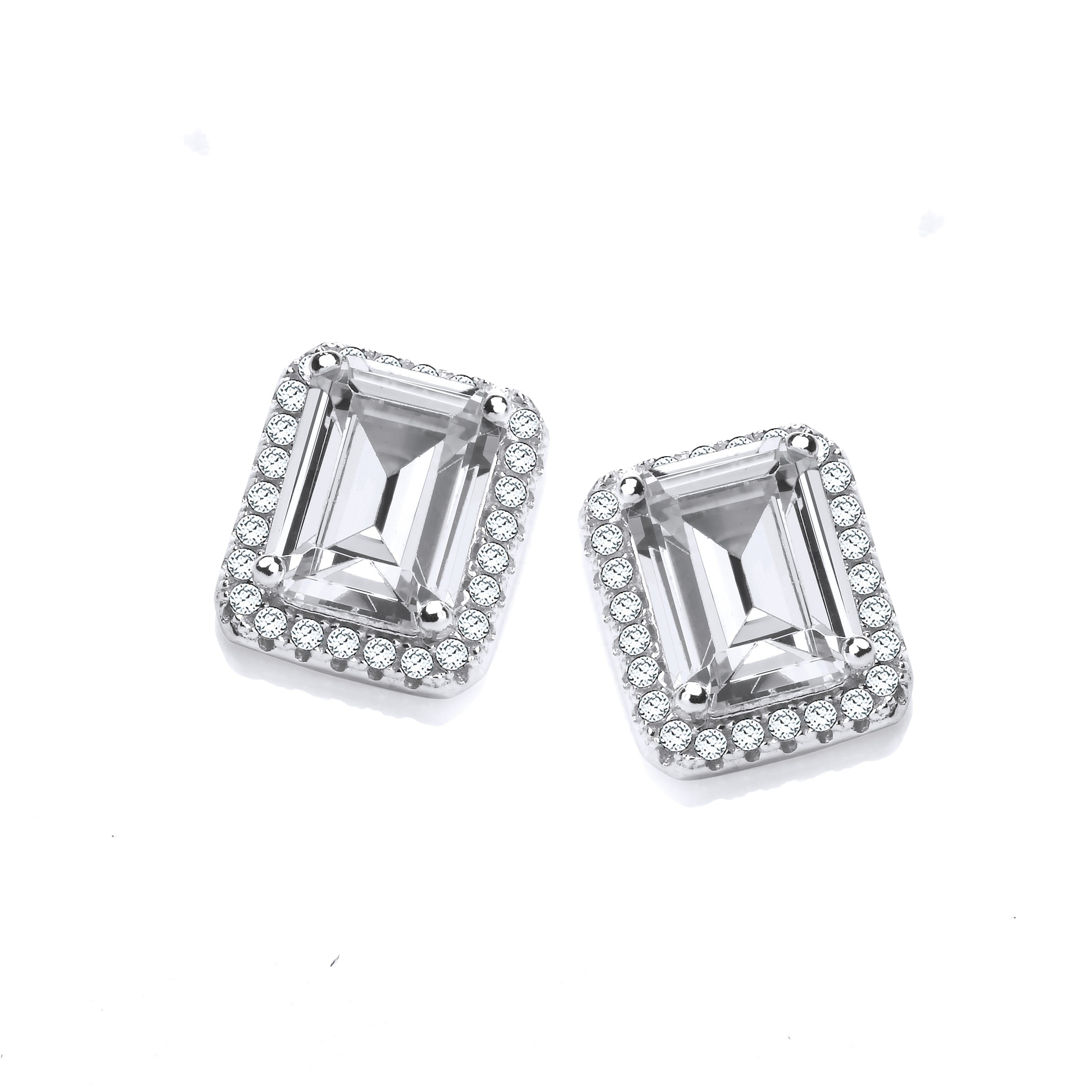 Micro Pave Emerald Cut Cubic Zirconia Silver Stud Earrings