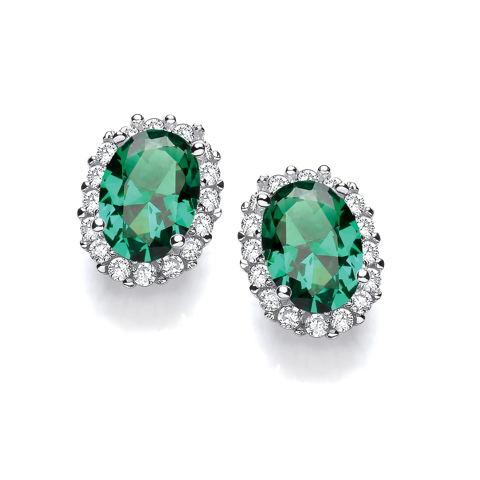 Oval Green CZ Stud Silver Earrings