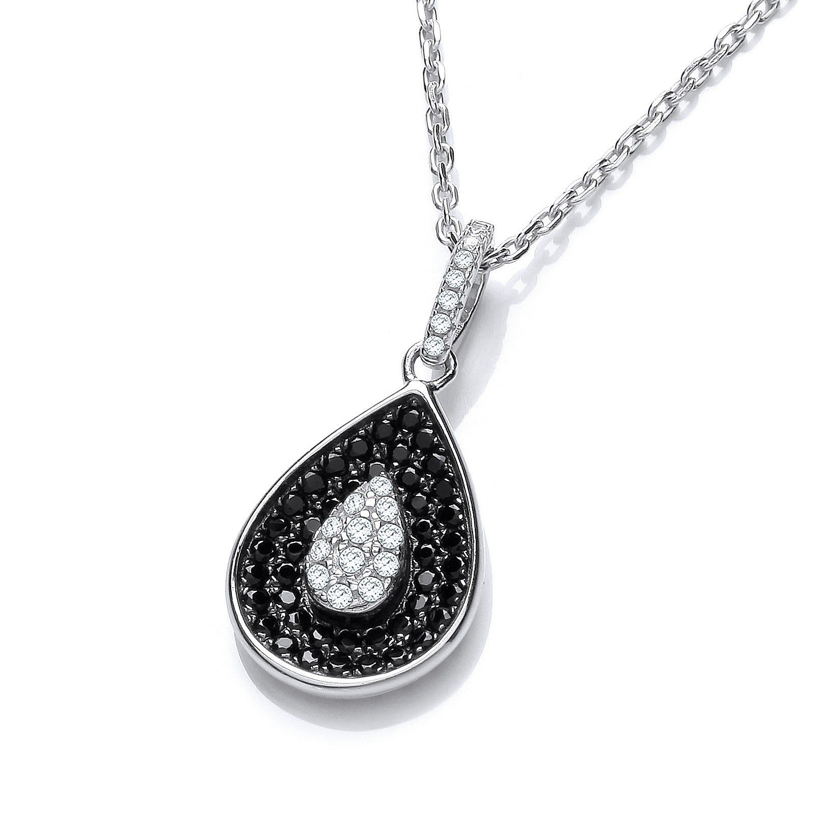 Micro Pave' Black & Clear Cubic Zirconia Teardrop Pendant with 18" Chain