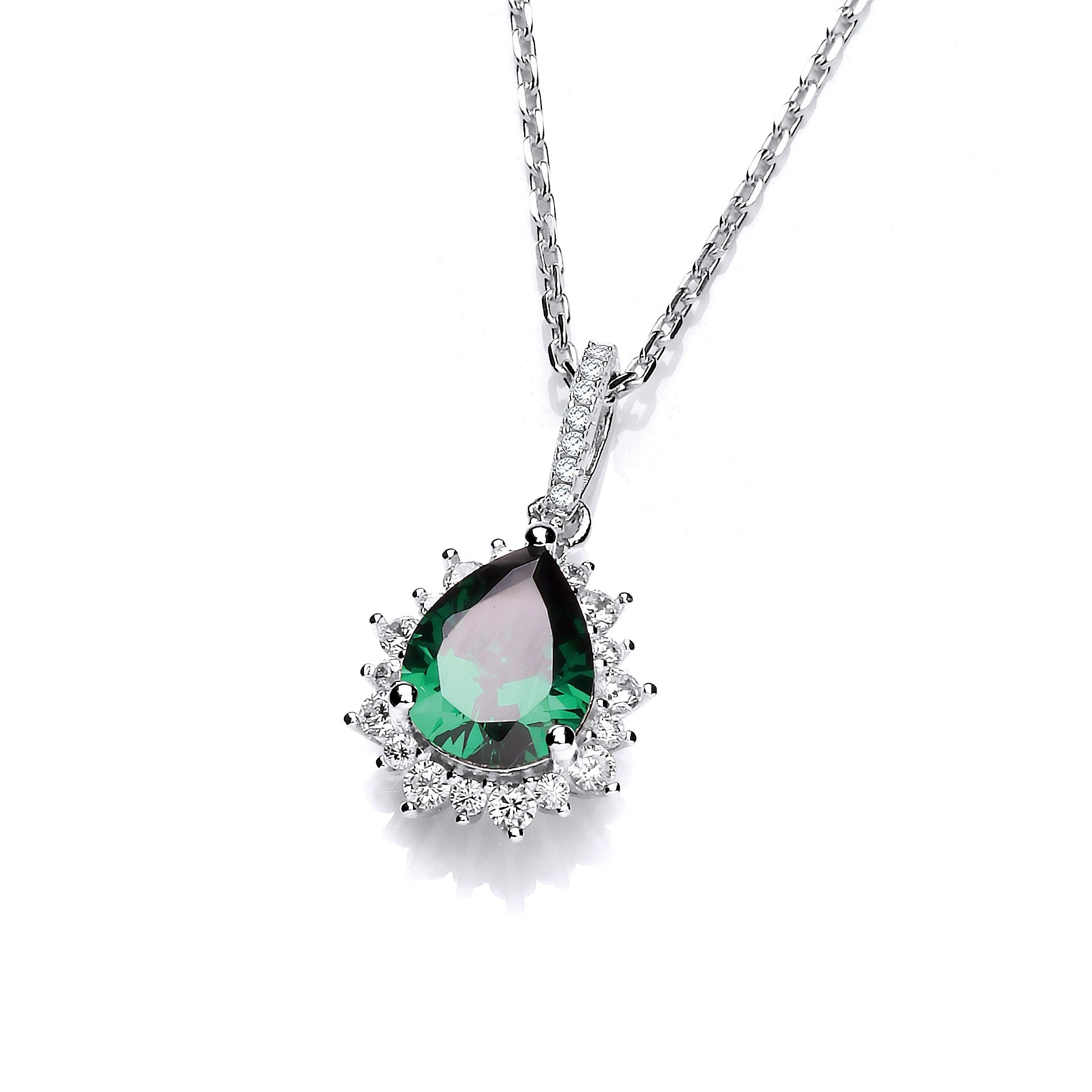 Silver Green Tear Drop Cubic Zirconia Pendant with 18" Chain