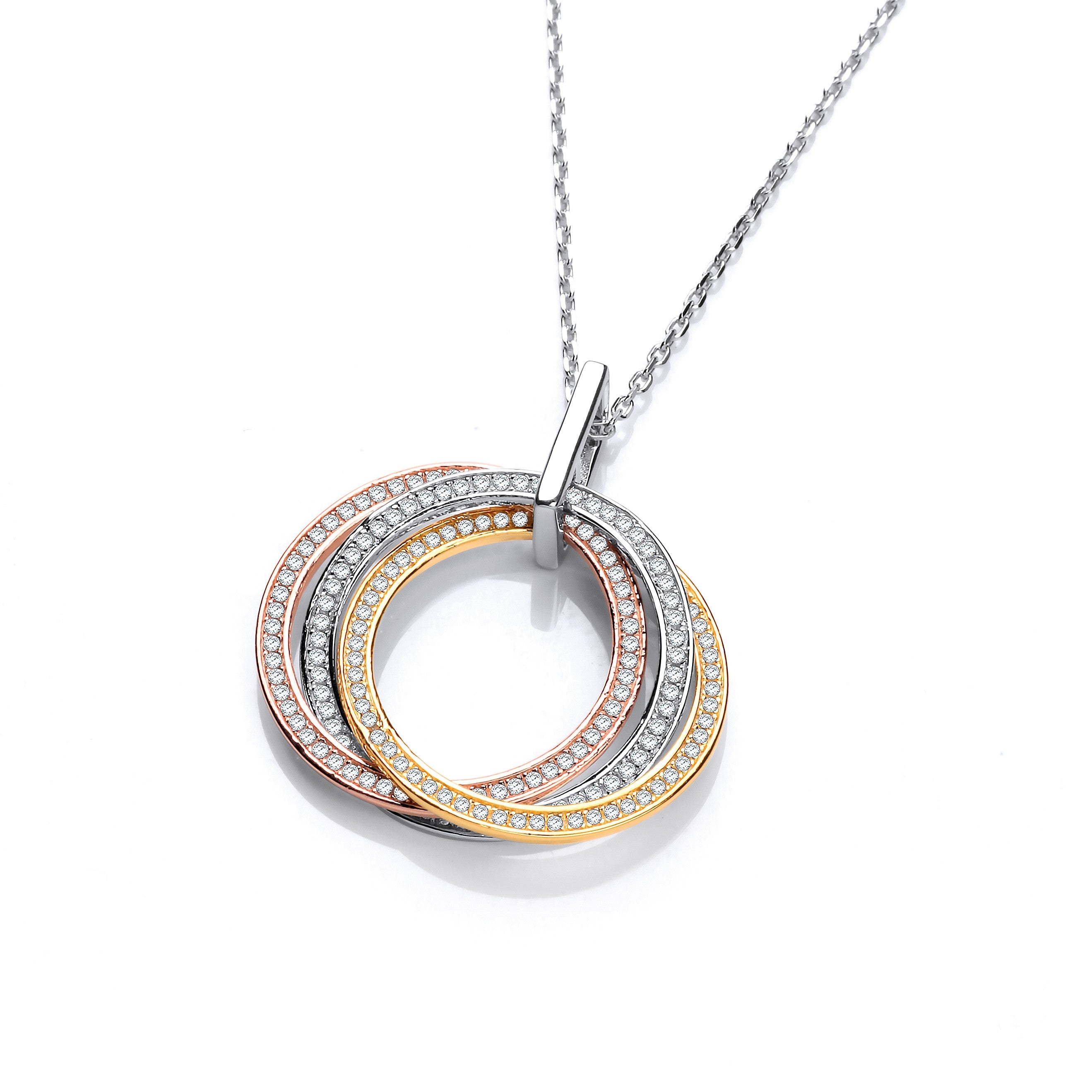 Silver, Yellow & Rose Gold Plated Cubic Zirconia Pendant with 18" Chain