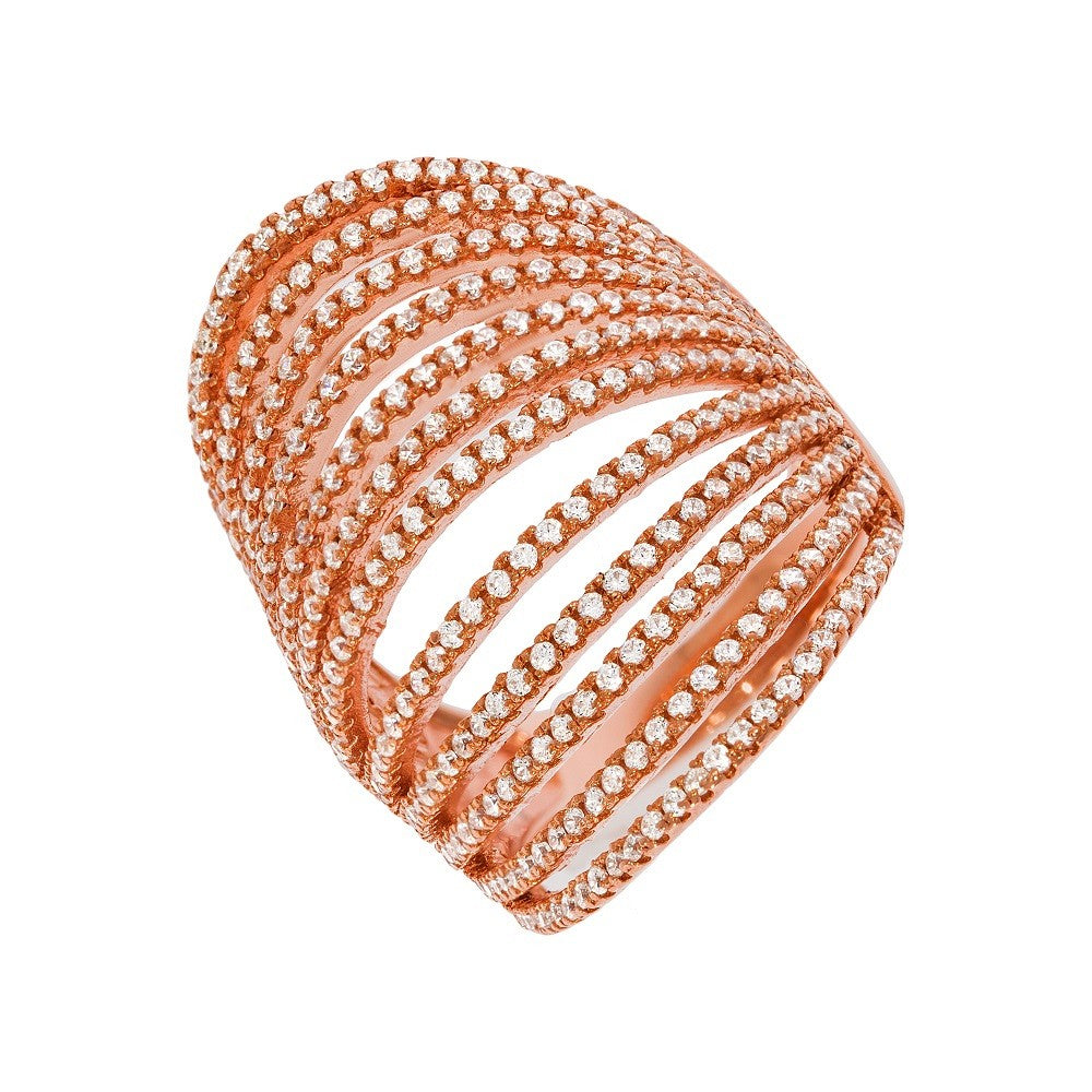 Micro Pave' Rose Coated & Silver 12 Row's of Cubic Zirconia Ring