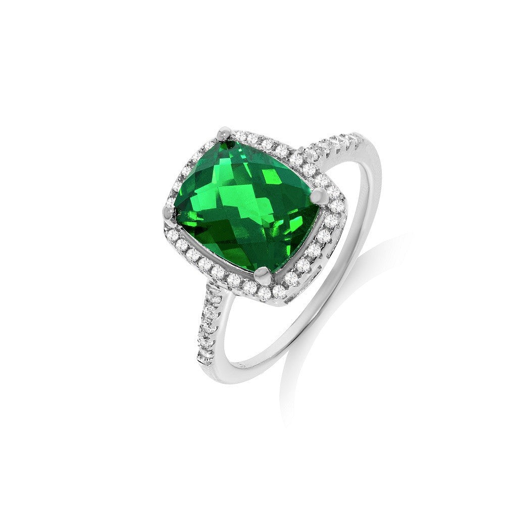 Micro Pave Emerald Colour Centre Silver Cubic Zirconia Ring