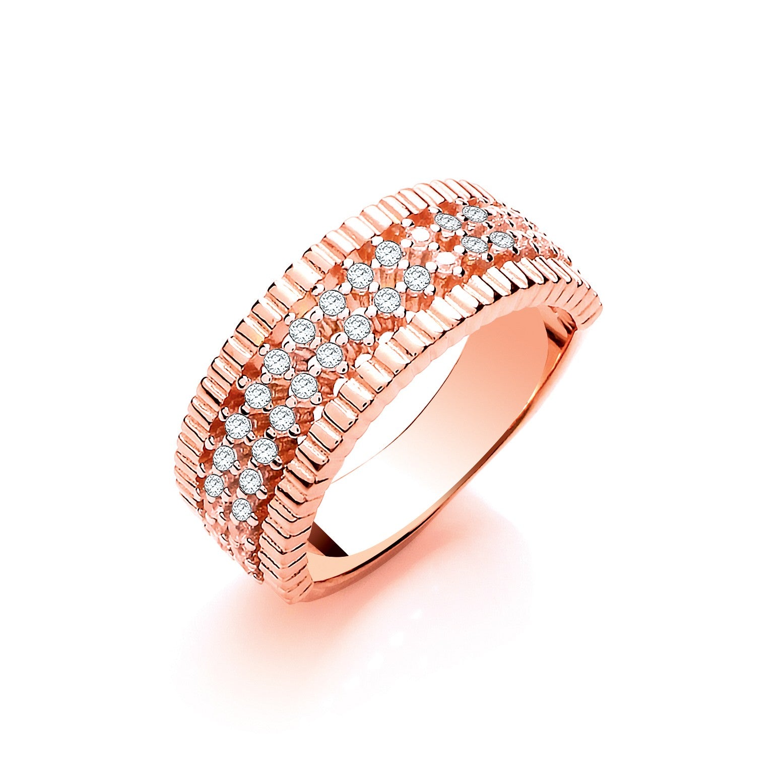 Rose Coated Silver Two Rows of Cubic Zirconia Ladies Ring