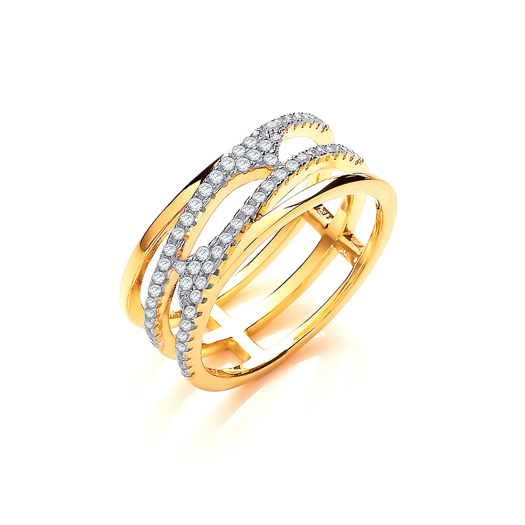 Yellow Gold Coated Silver, Three Row, Micro Pave Cubic Zirconia Ring
