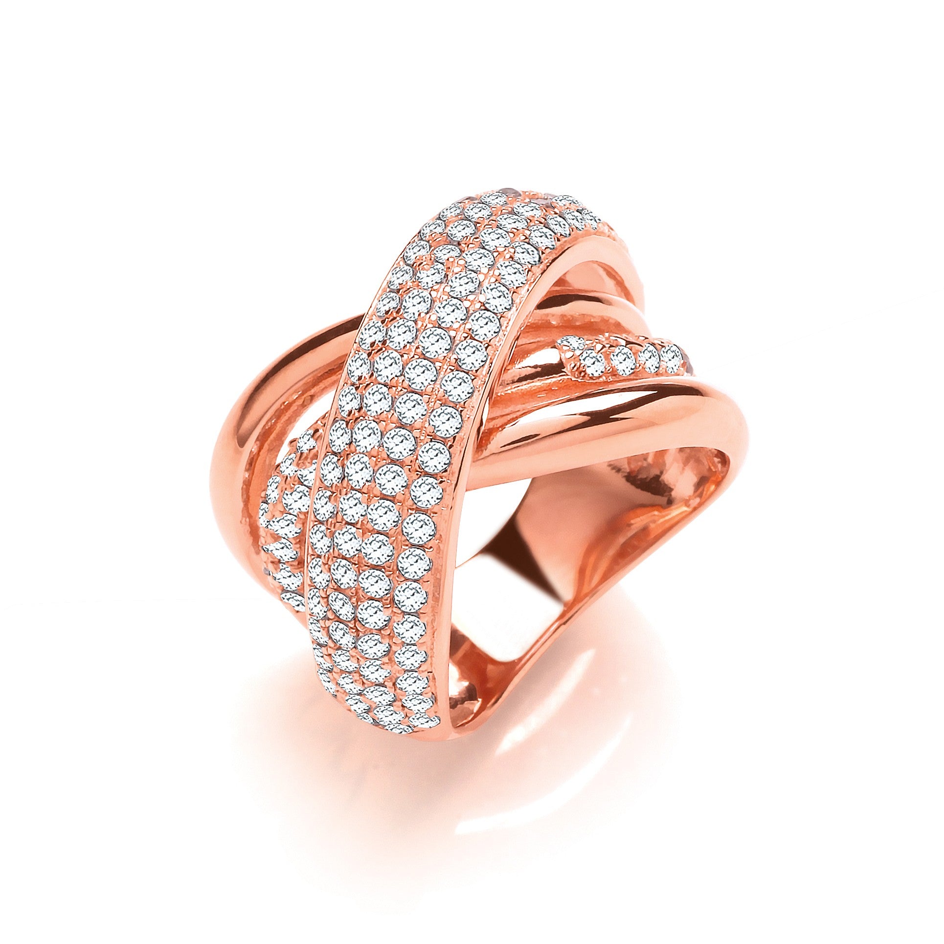 Rose Coated Large Intertwined Design Silver Cubic Zirconia Ring