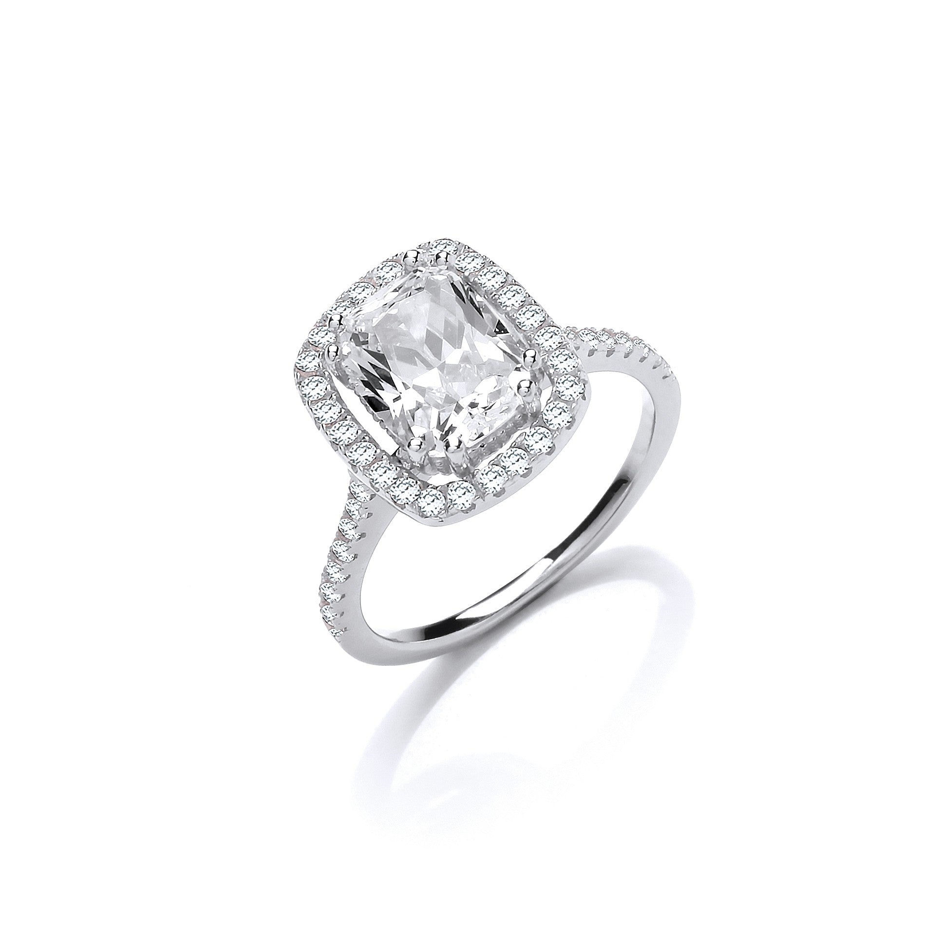 Halo Style High Setting Emerald Cut Cubic Zirconia Silver Ring