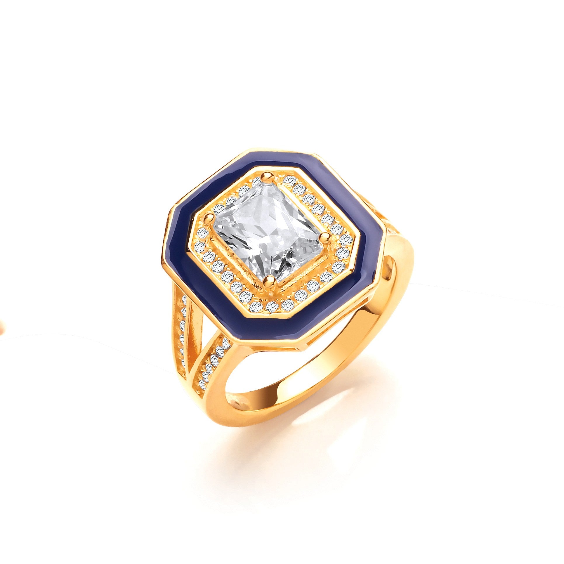 High Setting, Split Shank, Blue Enamel  & Cubic Zirconia YG Plated Silver Ring