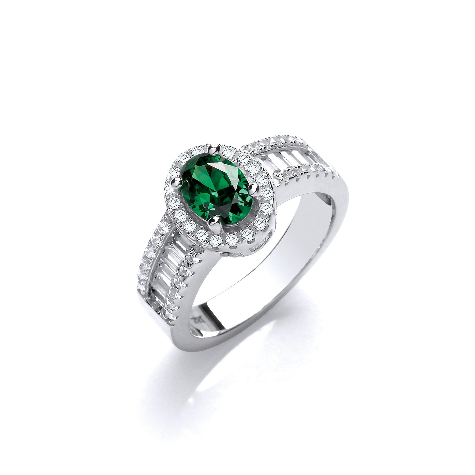 Oval Green CZ with Baguette & Round CZs on Shoulder Silver Ring