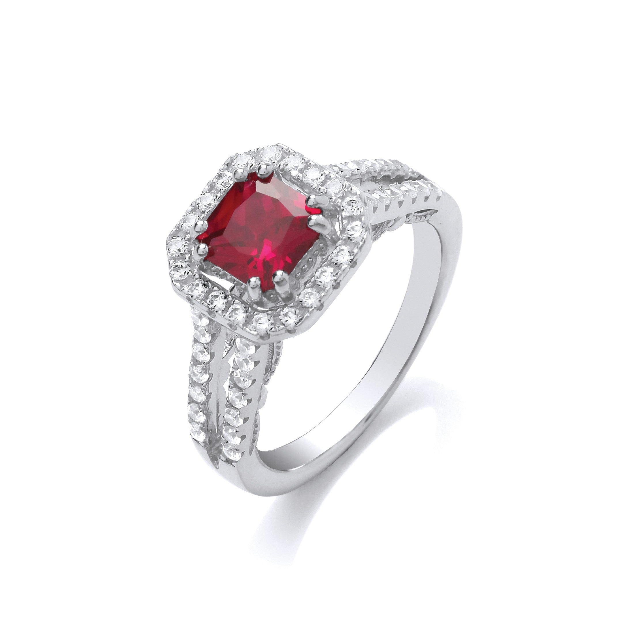 Red p-c Cubic Zirconia High Setting Split Shank Fancy Silver Ring