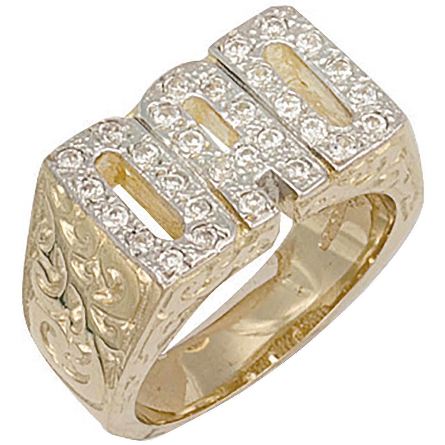 Yellow Gold Cubic Zirconia Barked Sides Dad Ring