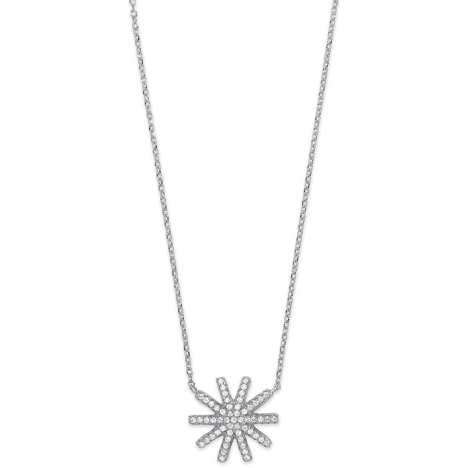 Silver Cubic Zirconia Starburst Pendant 16" Necklace with extention