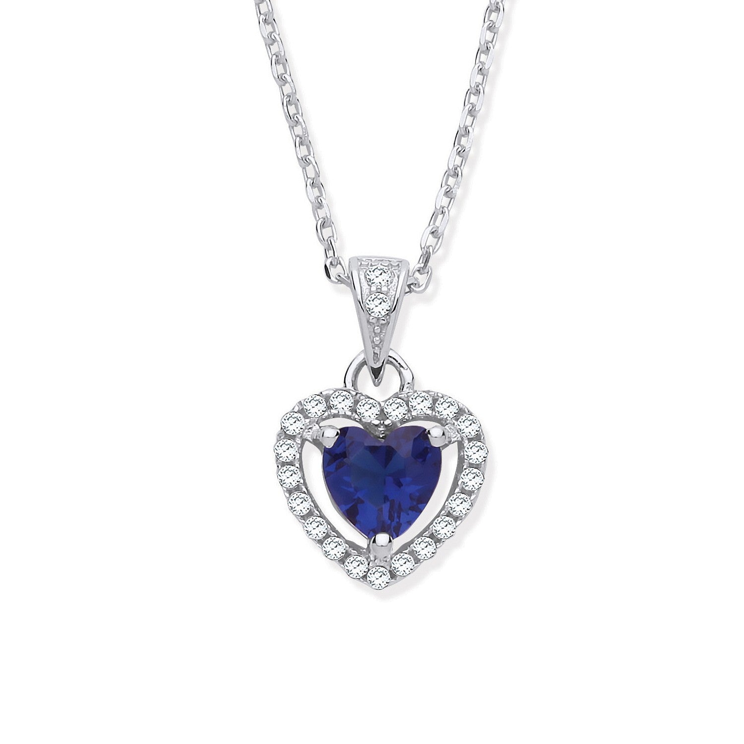 Silver Blue CZ Halo Heart Pendant Necklace