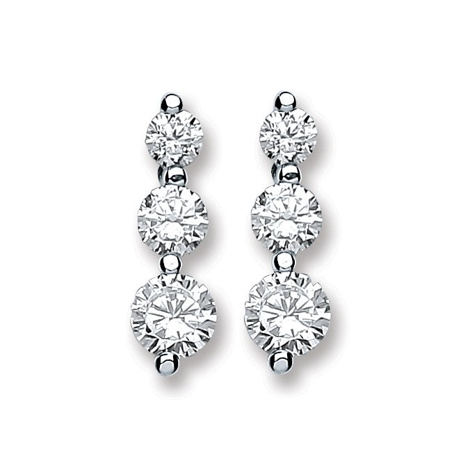 Silver 3 Cubic Zirconia Graduated Stud Earrings