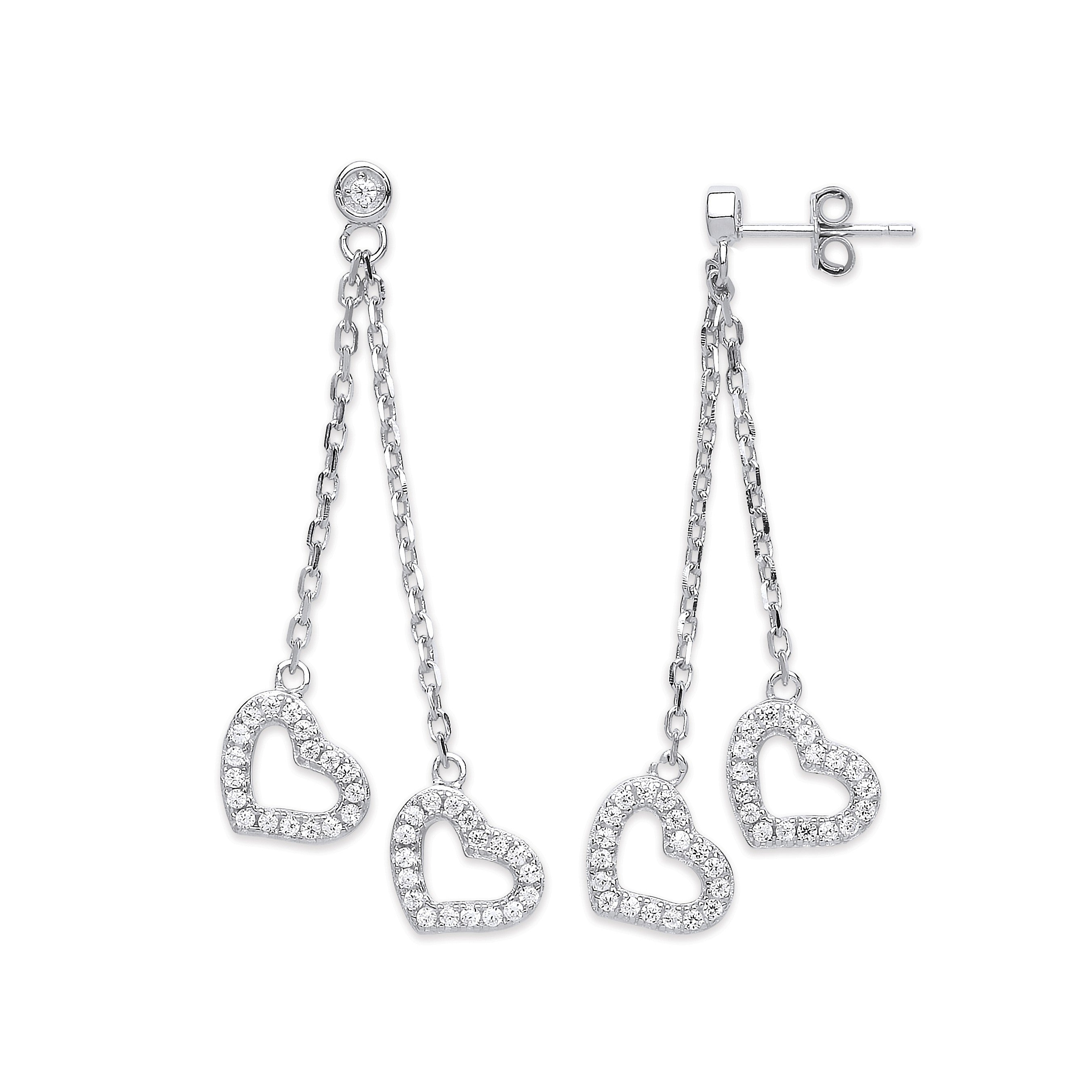 Silver 2-Strand Cubic Zirconia Hearts Drop Earrings