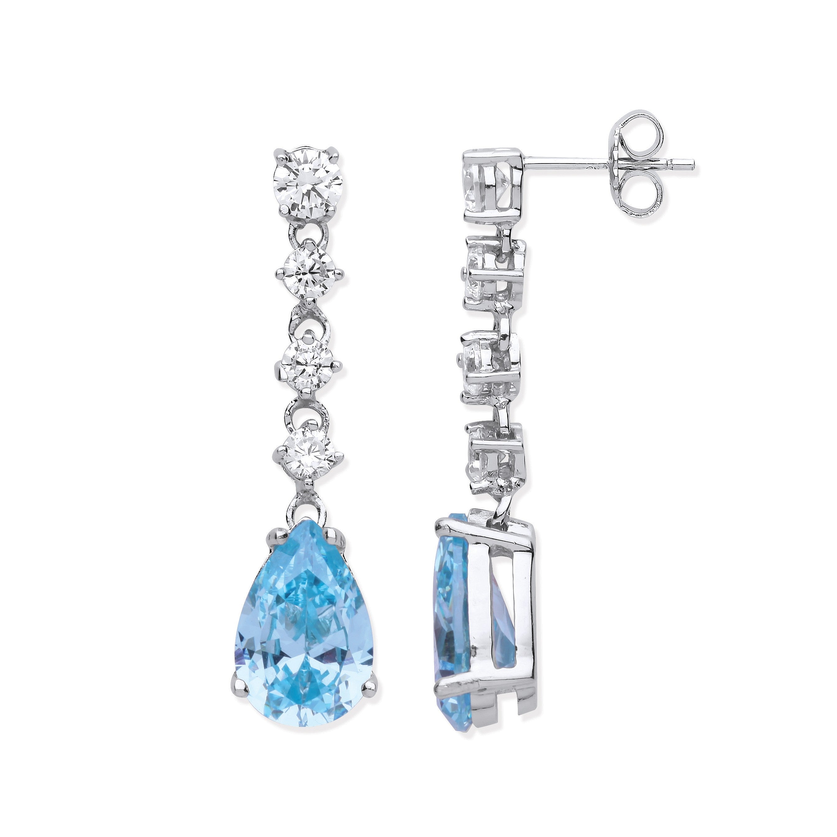 Silver Clear & Aquamarine Colour CZs Long Drop Earrings