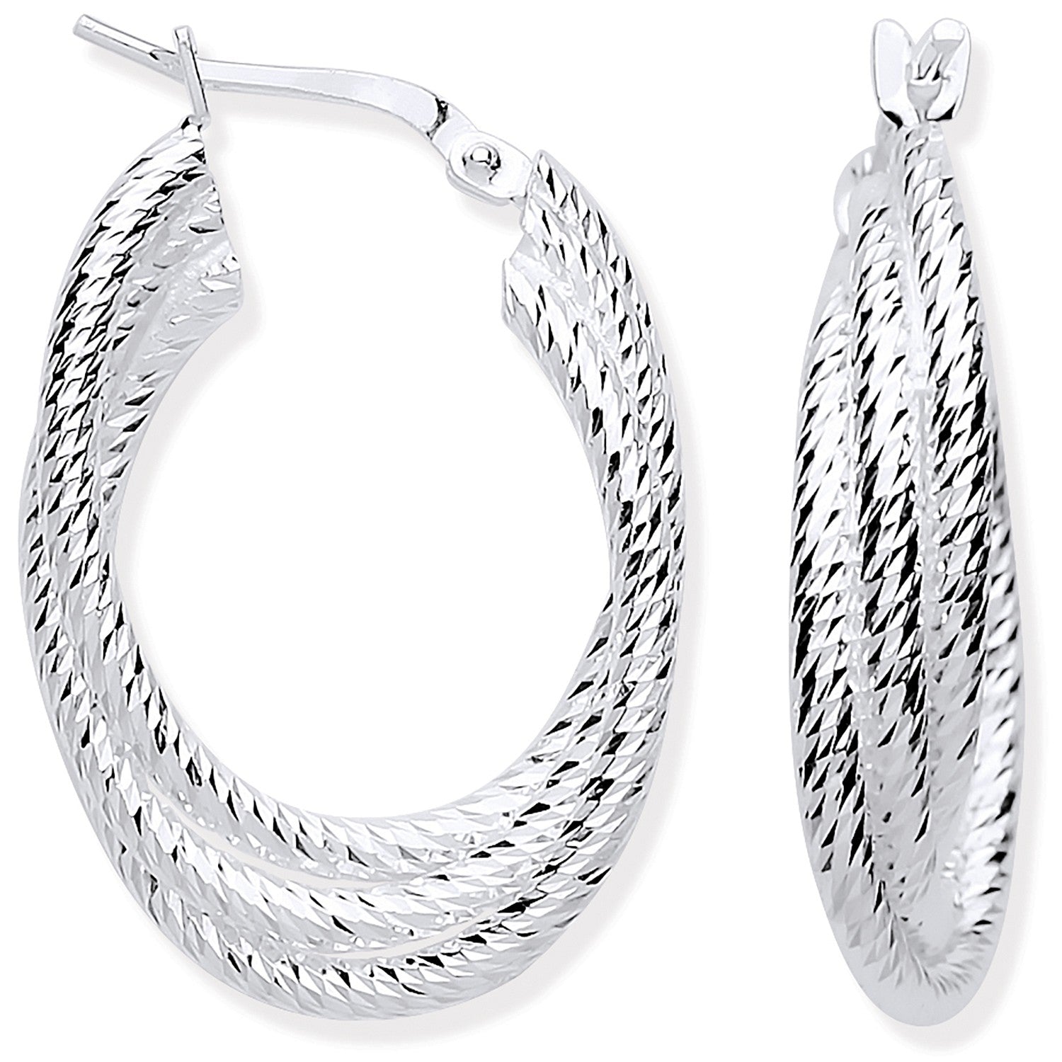 Silver Ribbed Oval 3 Row Hoop Earrings