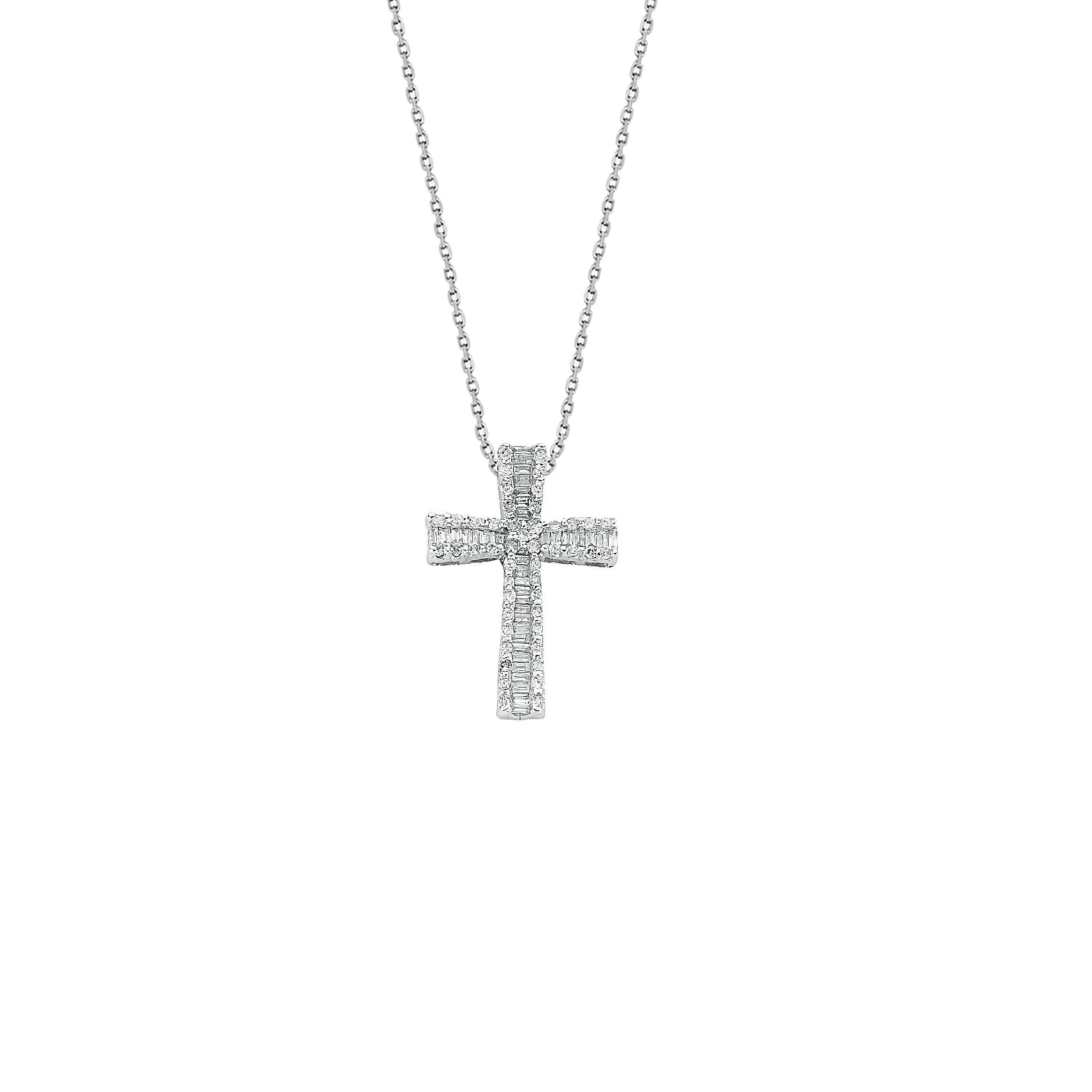 9ct White Gold 0.50ct Brilliant & Baguette Cut Diamond Cross Pendant with 18in-45cm Chain