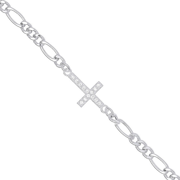 Silver Figaro  Chain with  Cubic Zirconia Cross Bracelet