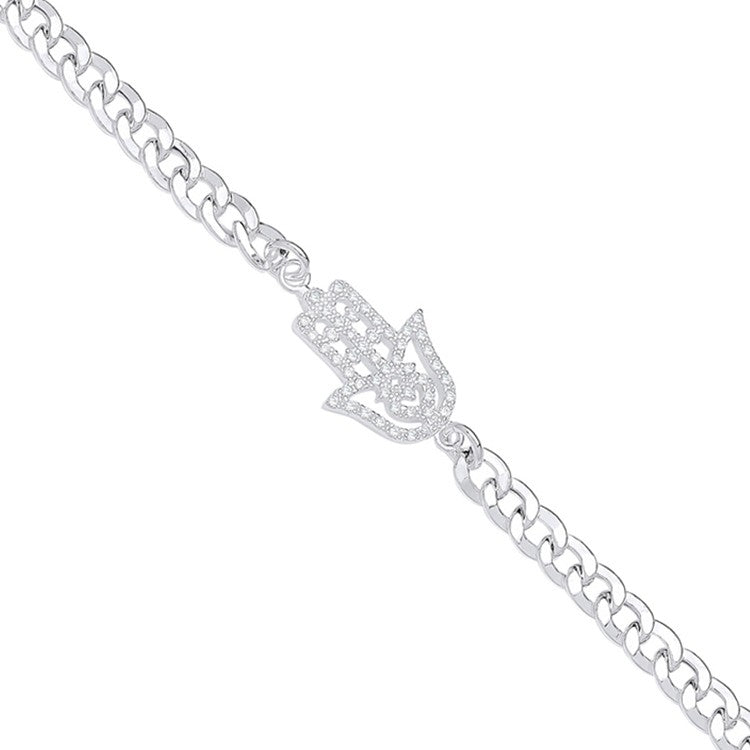 Silver Flat Curb Chain with Cubic Zirconia Hamsa  Bracelet