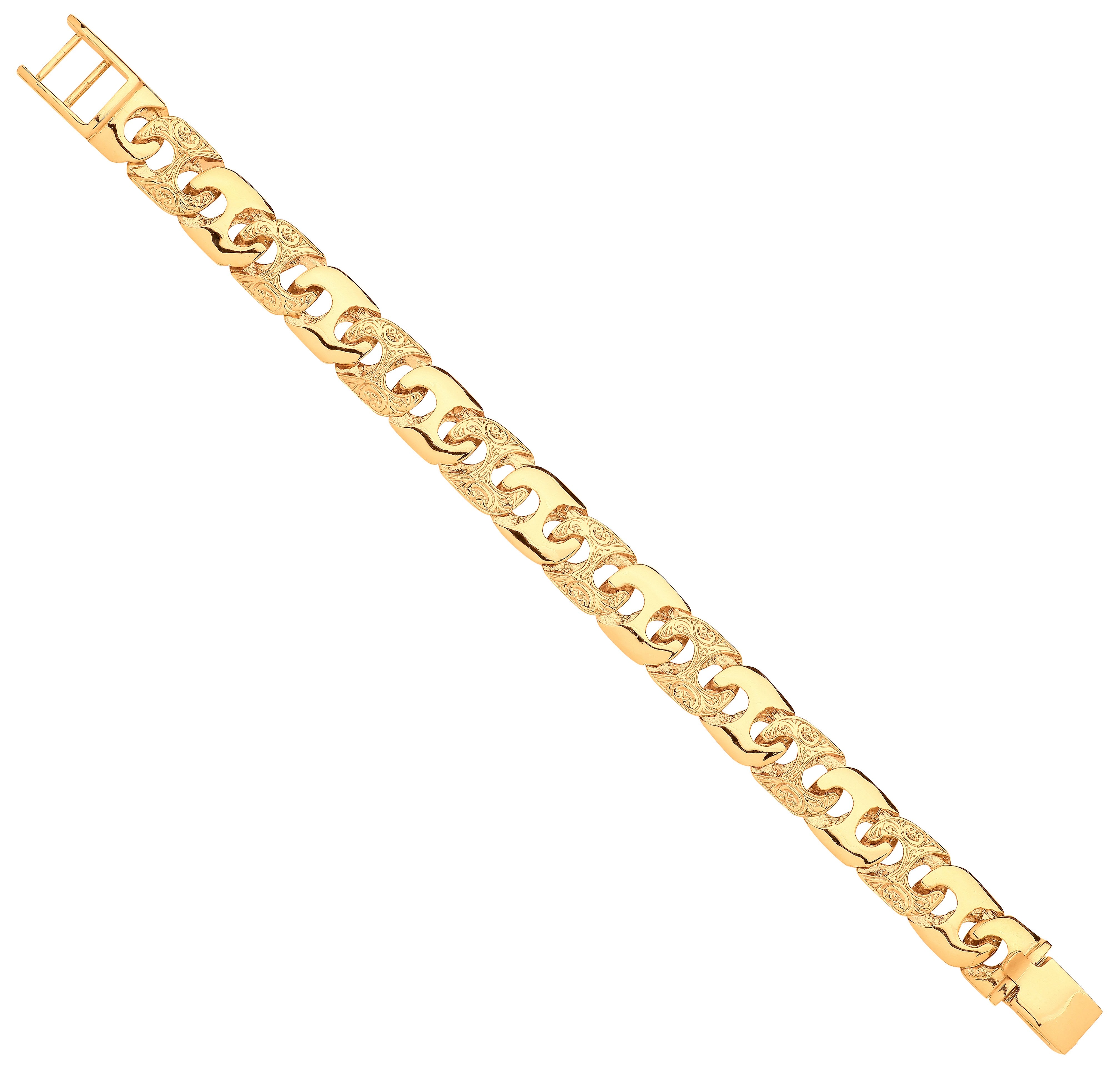 Yellow Gold 14mm Plain & Engraved Anchor Medium Link Gents Bracelet