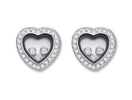 Silver Floating Cubic Zirconia Heart Stud Earrings