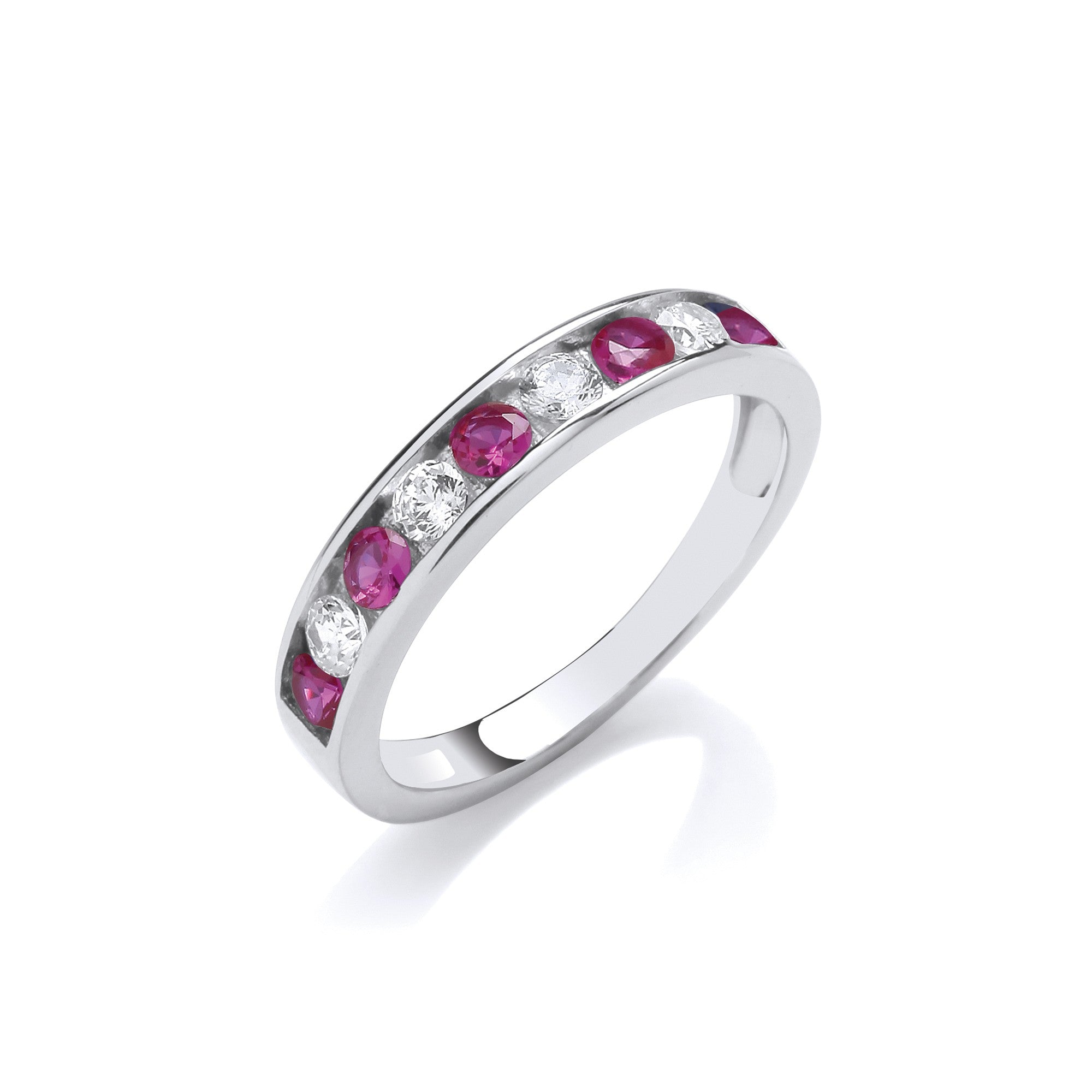 Ruby Red  & Clear CZ Half ET Silver Ring