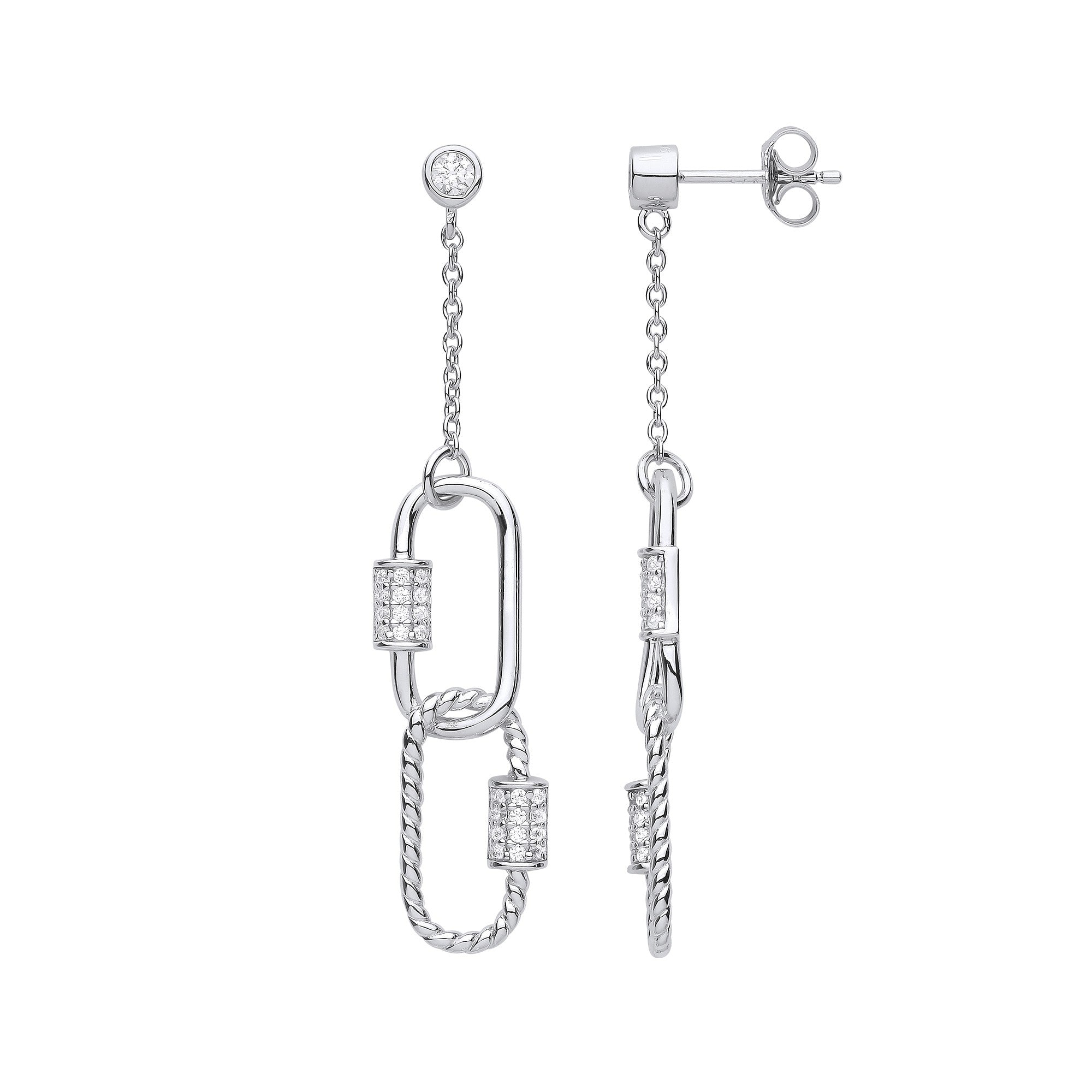 Silver Paper Clip CZ Drop Earrings