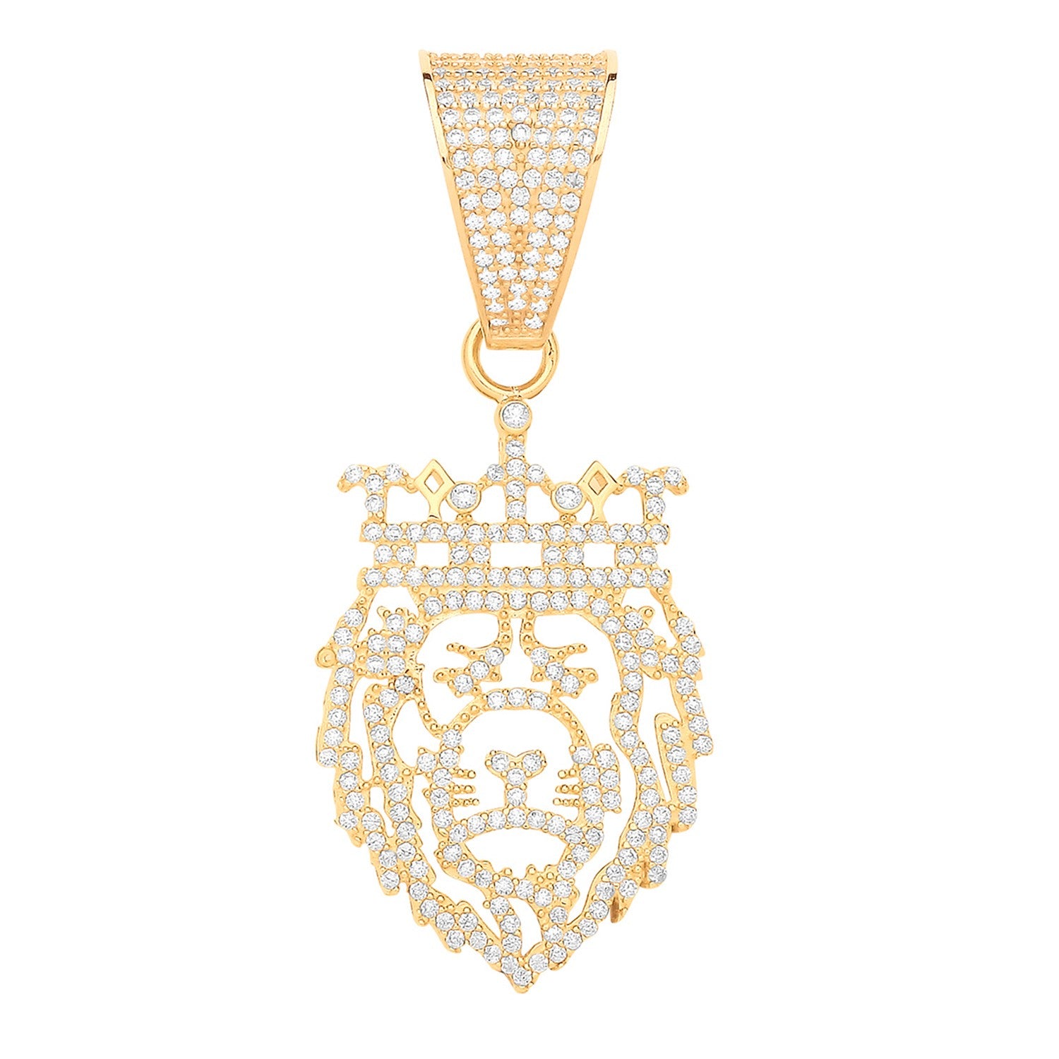 Yellow Gold Lion Face King-Crown CZ  Cut Out Pendant