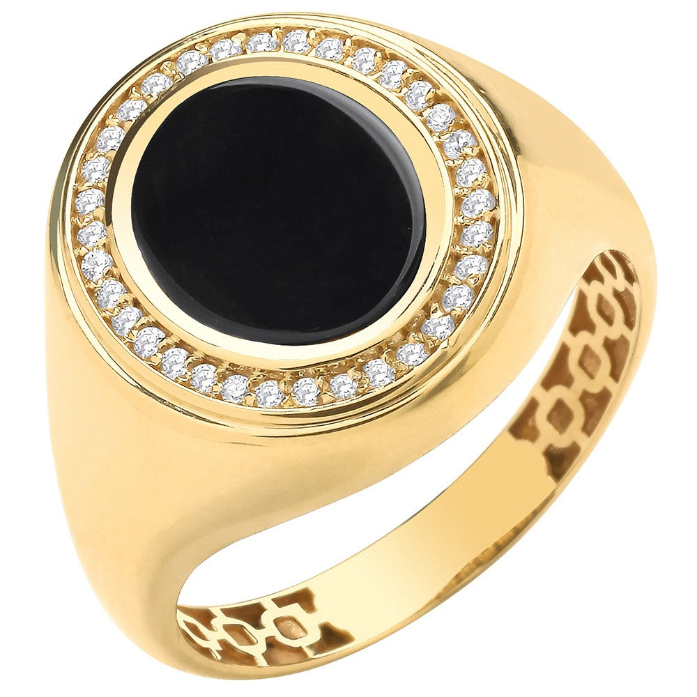 Yellow Gold Oval CZ Onyx Ring