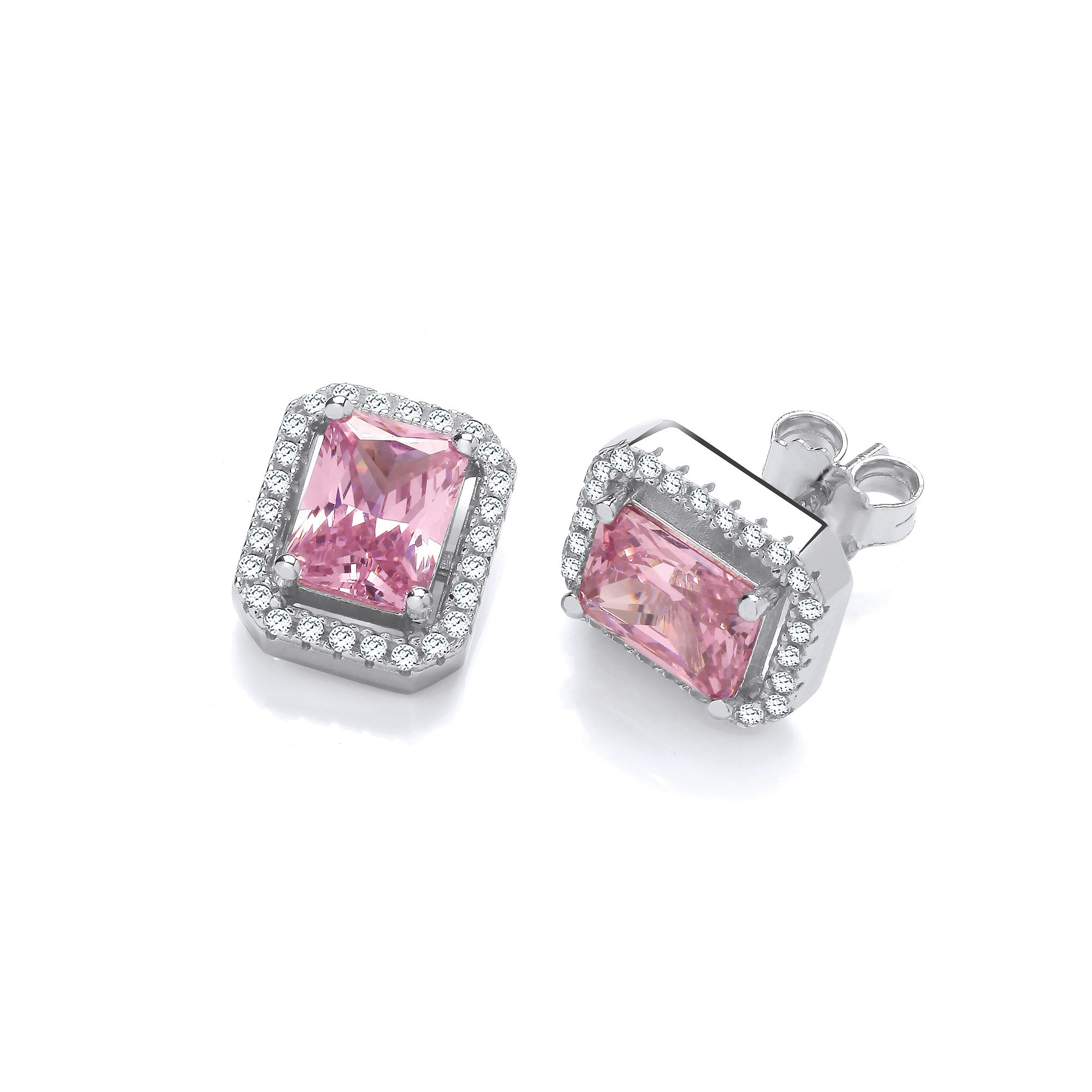 Silver Pink CZs Halo Stud Earrings