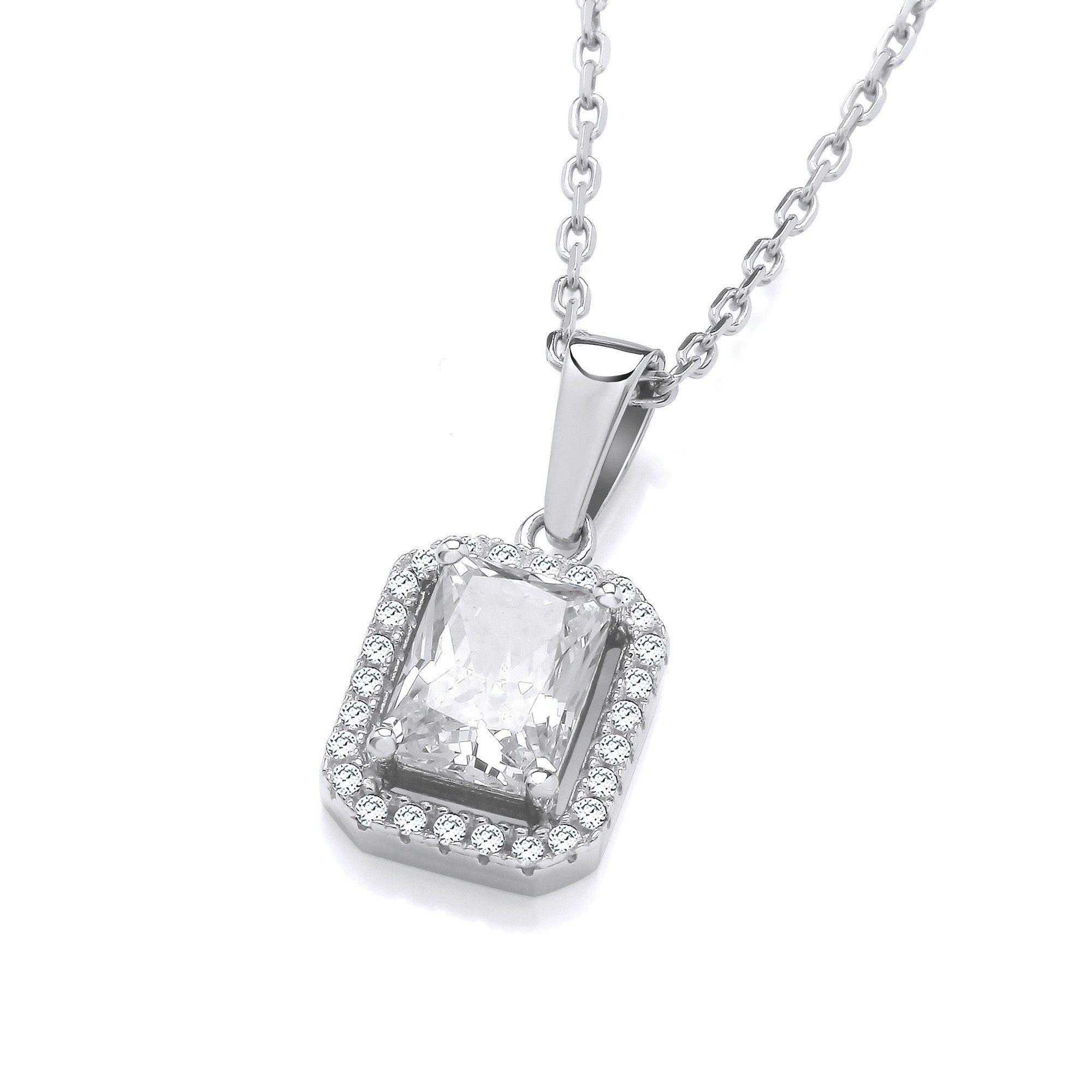 Silver Clear CZs Halo Stud Pendant with Chain